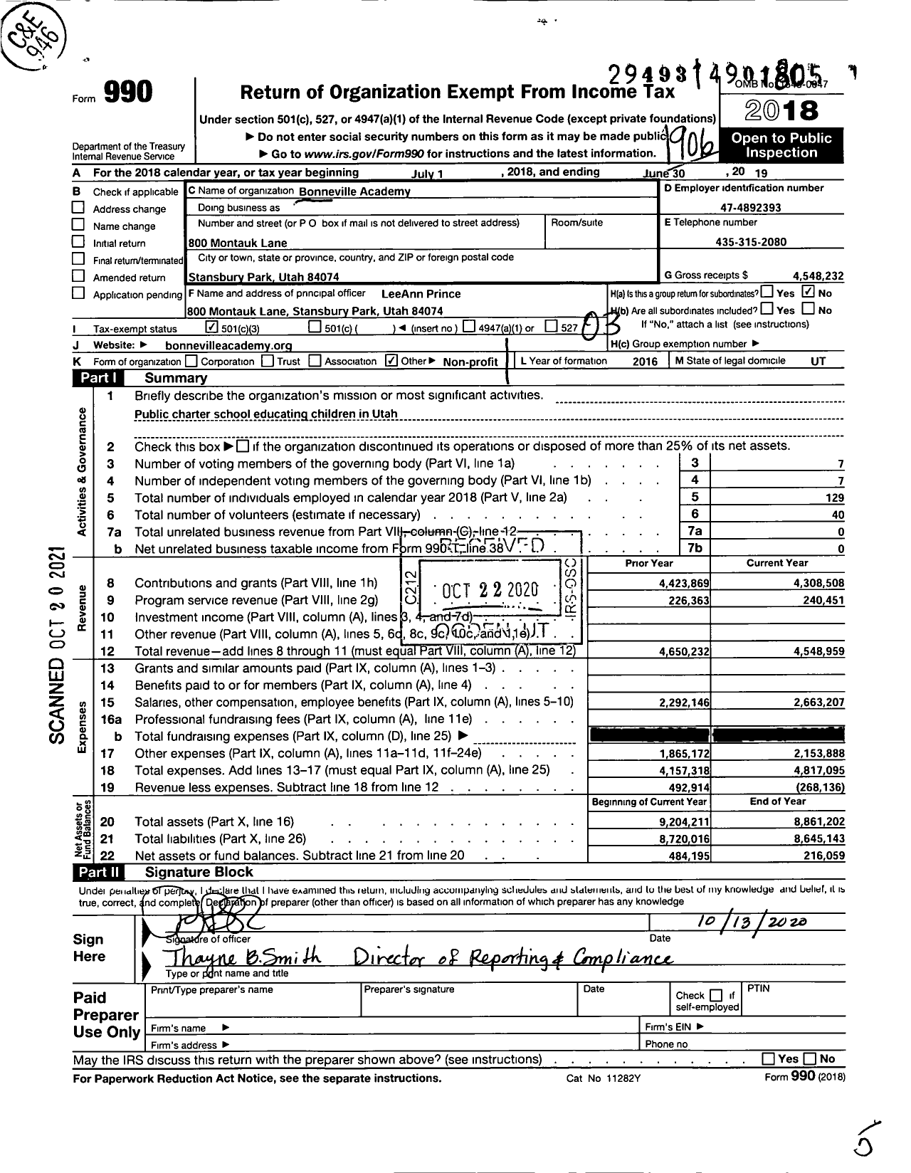 Image of first page of 2018 Form 990 for Bonneville Academy