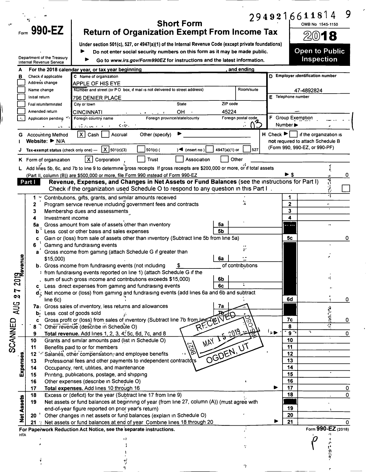 Image of first page of 2018 Form 990EZ for Apple of His Eye