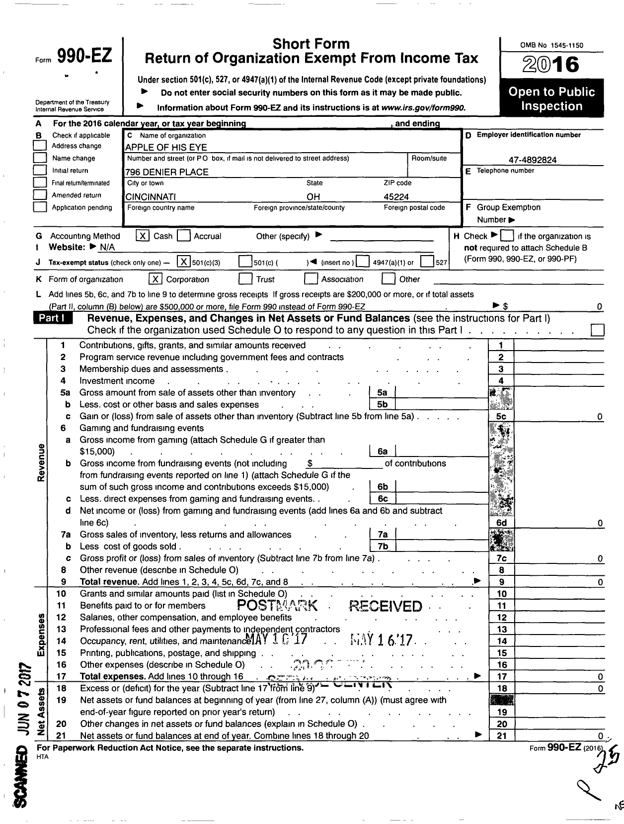 Image of first page of 2016 Form 990EZ for Apple of His Eye