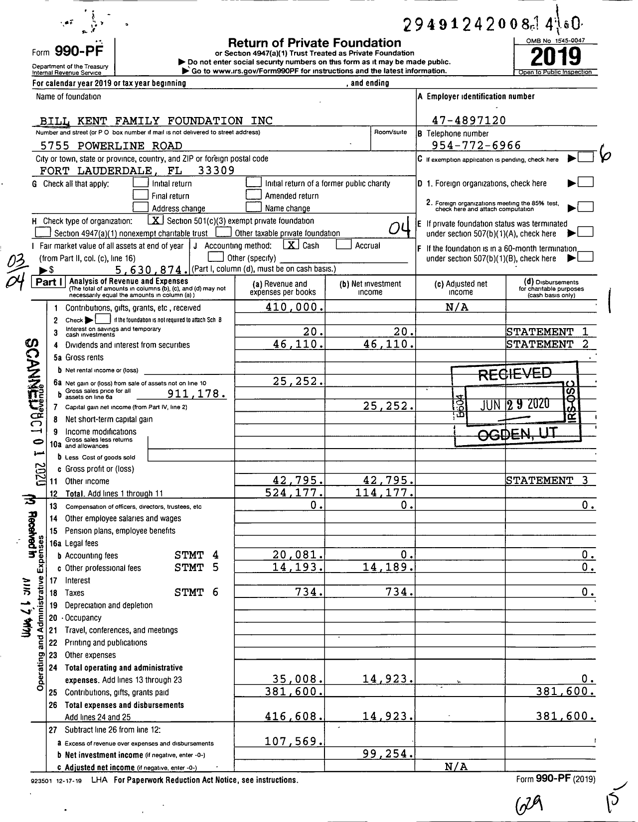 Image of first page of 2019 Form 990PR for Bill Kent Family Foundation