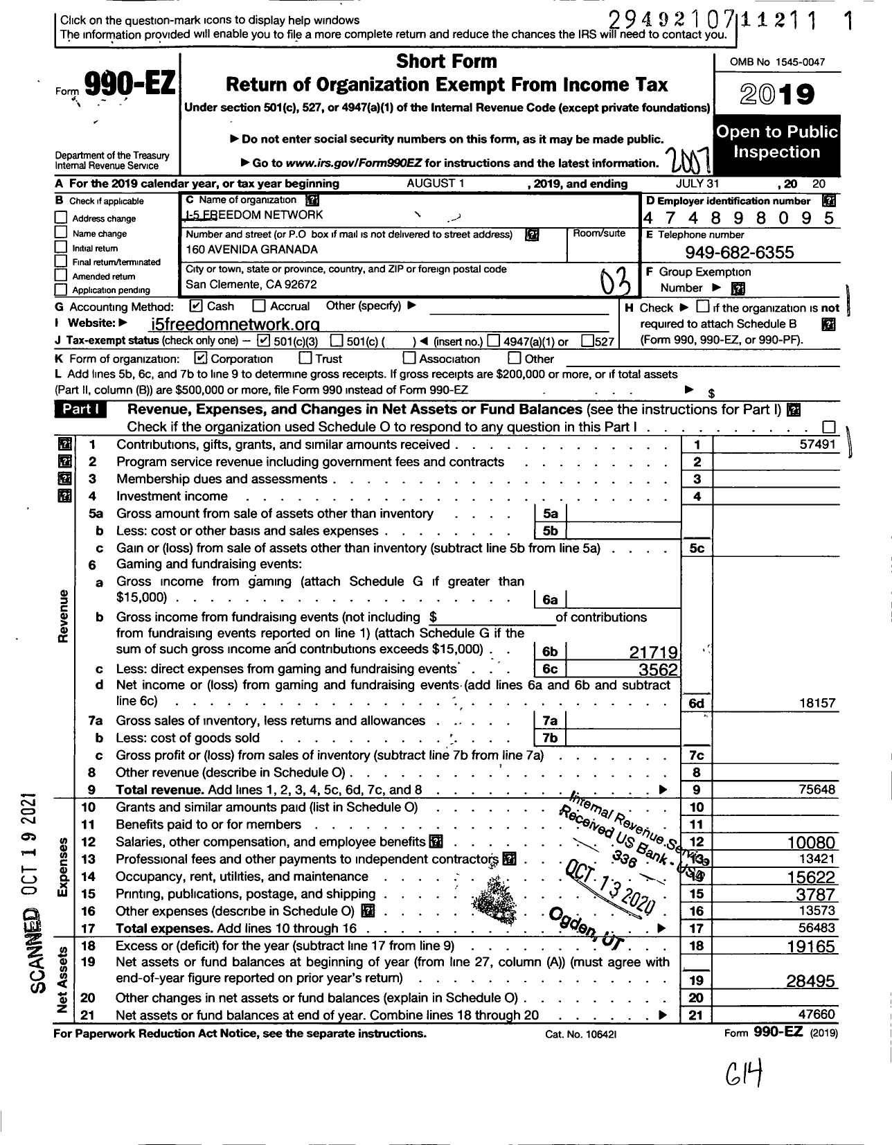 Image of first page of 2019 Form 990EZ for I-5 Freedom Network