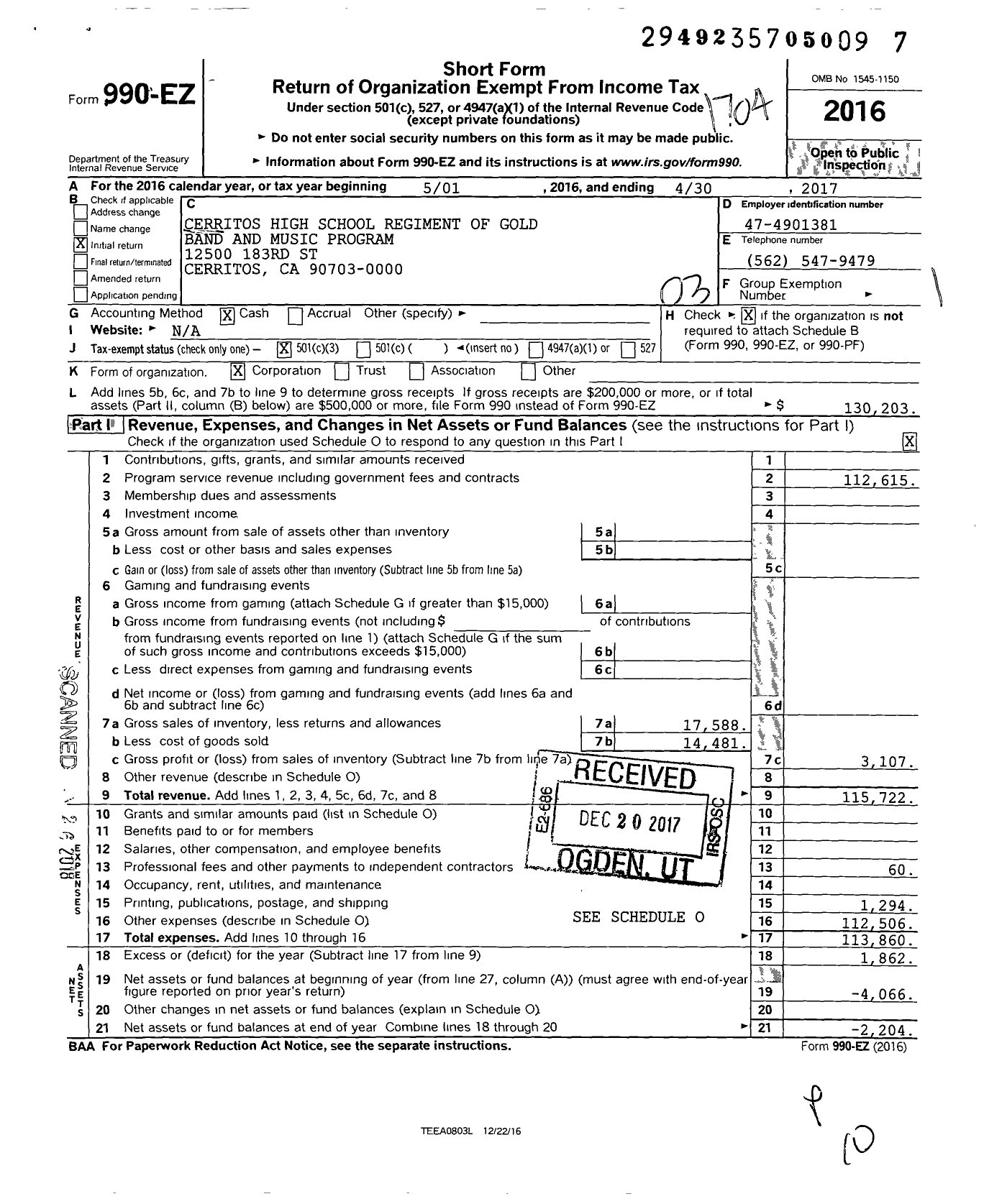 Image of first page of 2016 Form 990EZ for Cerritos High School Regiment of Gold Band and Music Program