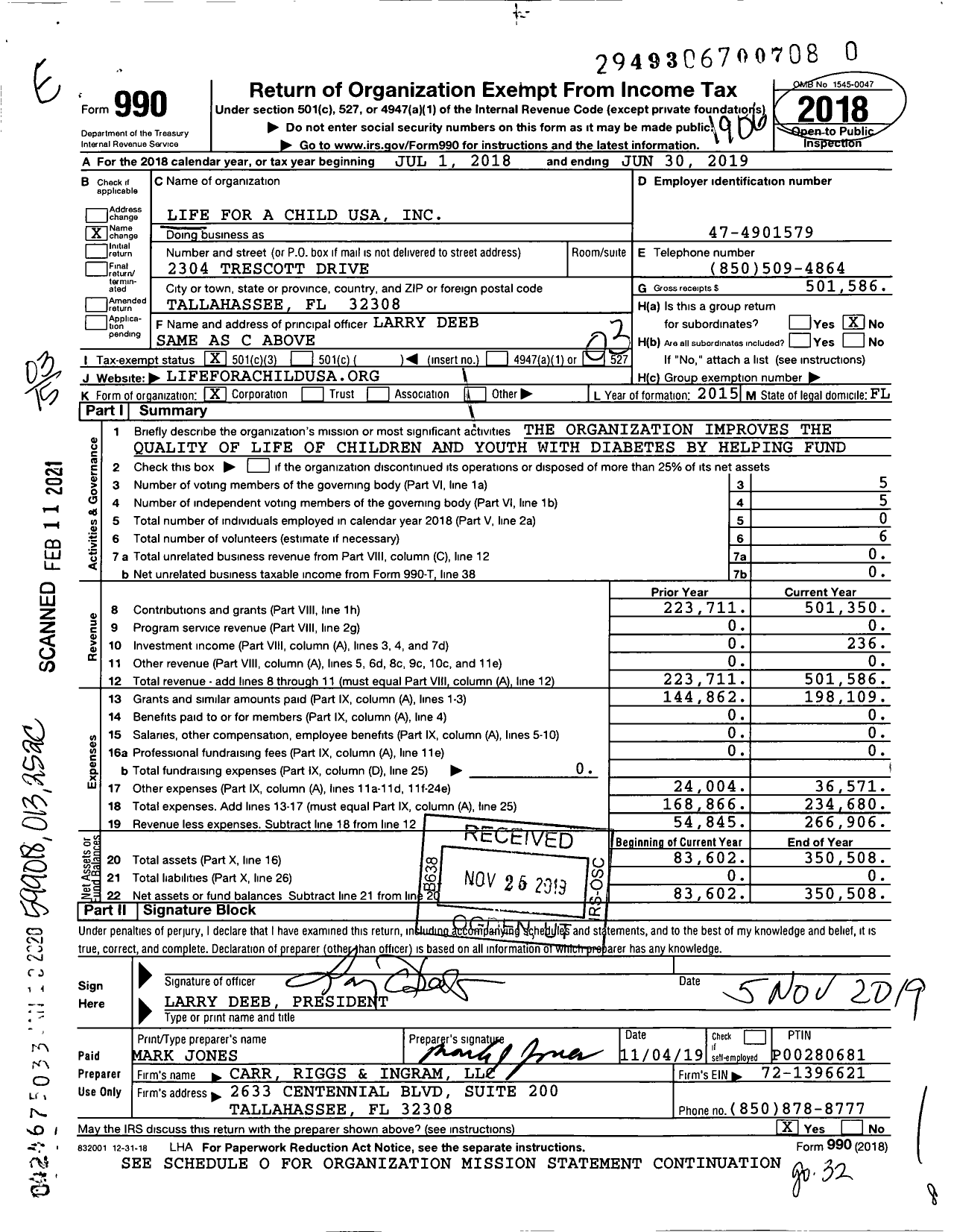 Image of first page of 2018 Form 990 for Life for A Child USA