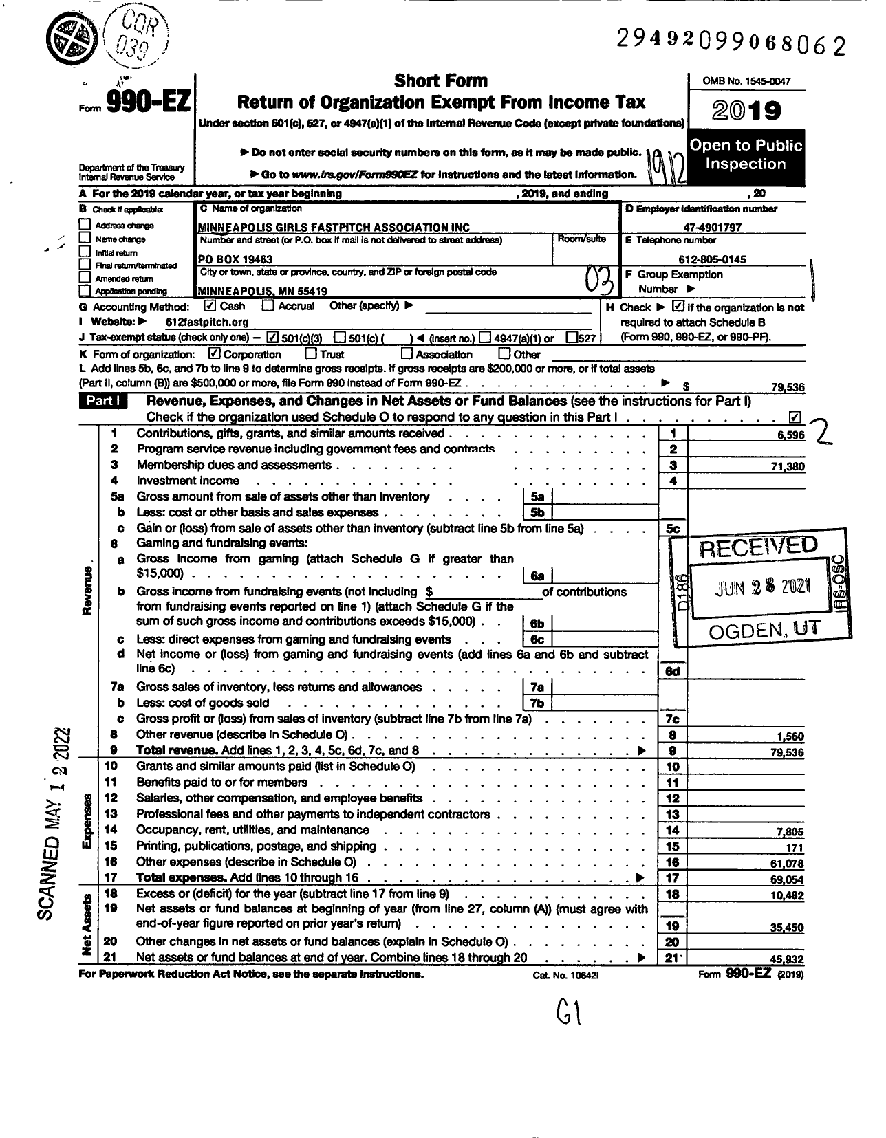 Image of first page of 2019 Form 990EZ for Minneapolis Girls Fastpitch Association