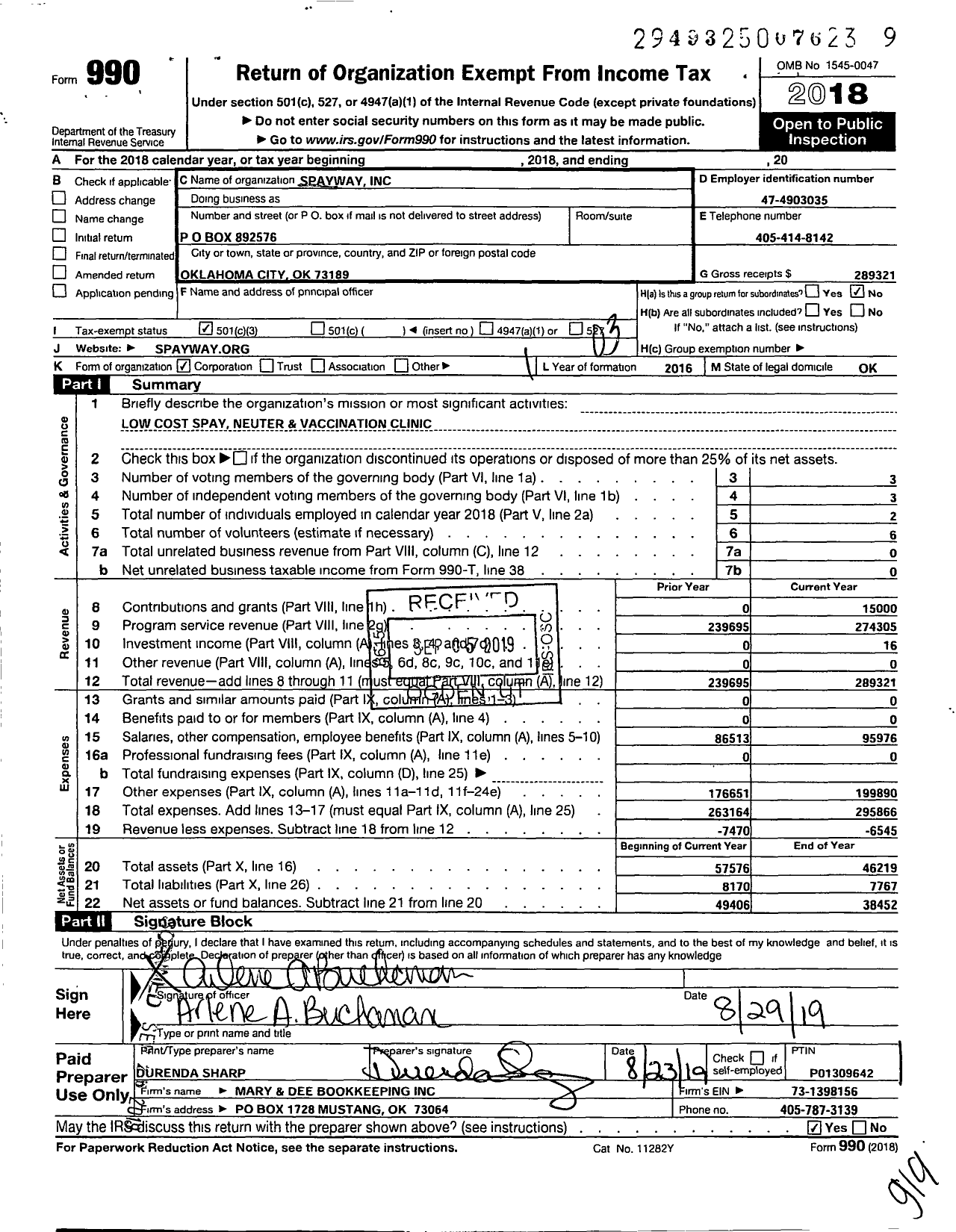 Image of first page of 2018 Form 990 for SpayWay