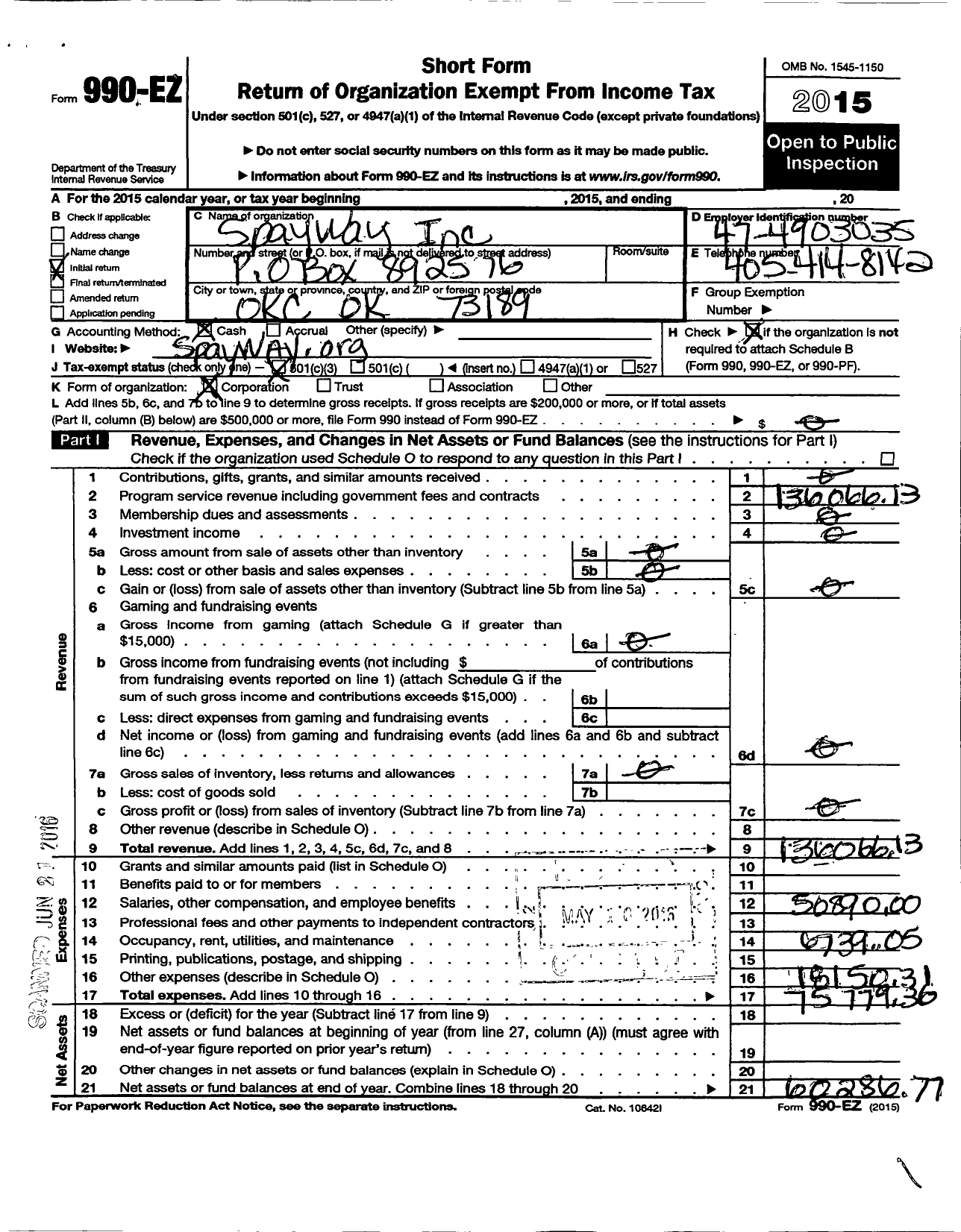 Image of first page of 2015 Form 990EZ for SpayWay