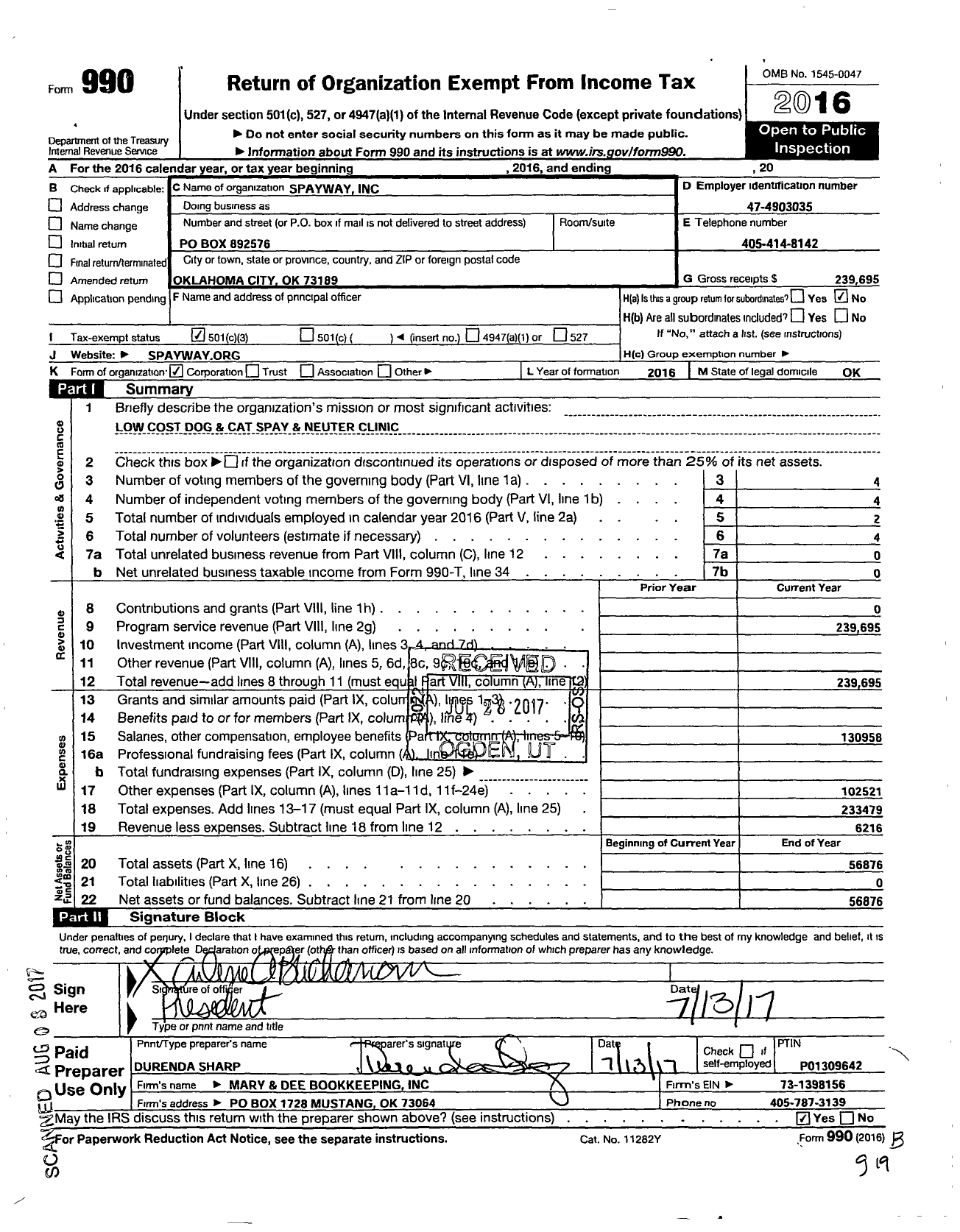 Image of first page of 2016 Form 990 for SpayWay