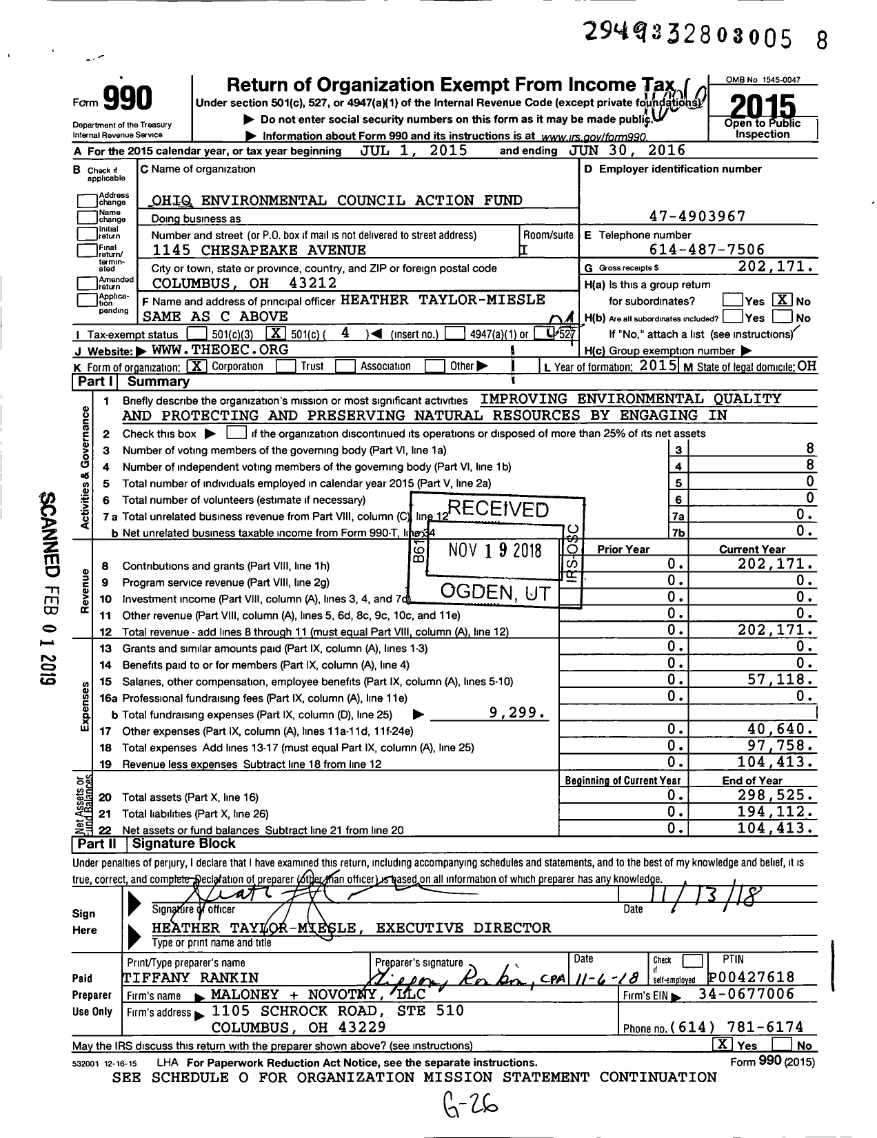 Image of first page of 2015 Form 990O for Ohio Environmental Council Action Fund