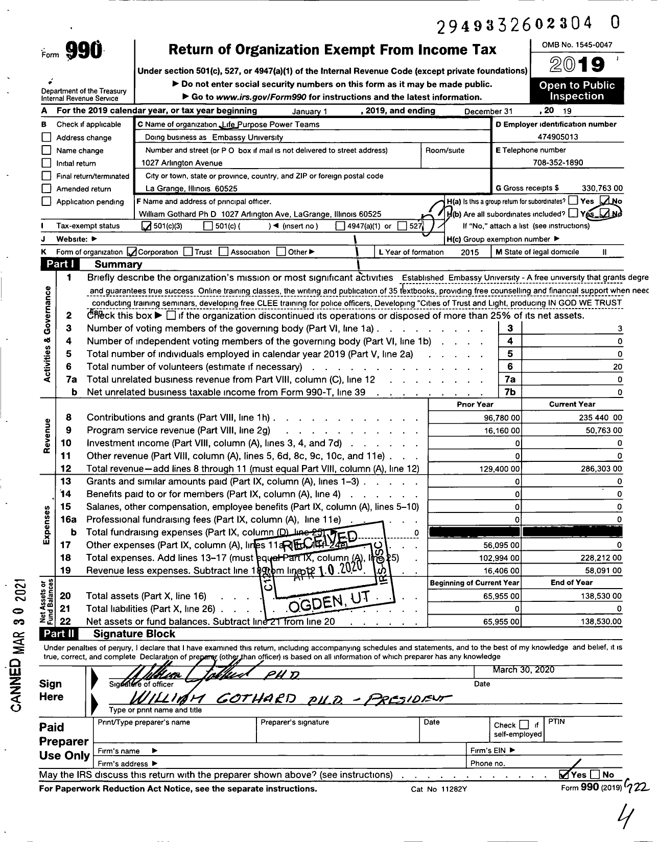 Image of first page of 2019 Form 990 for Embassy University