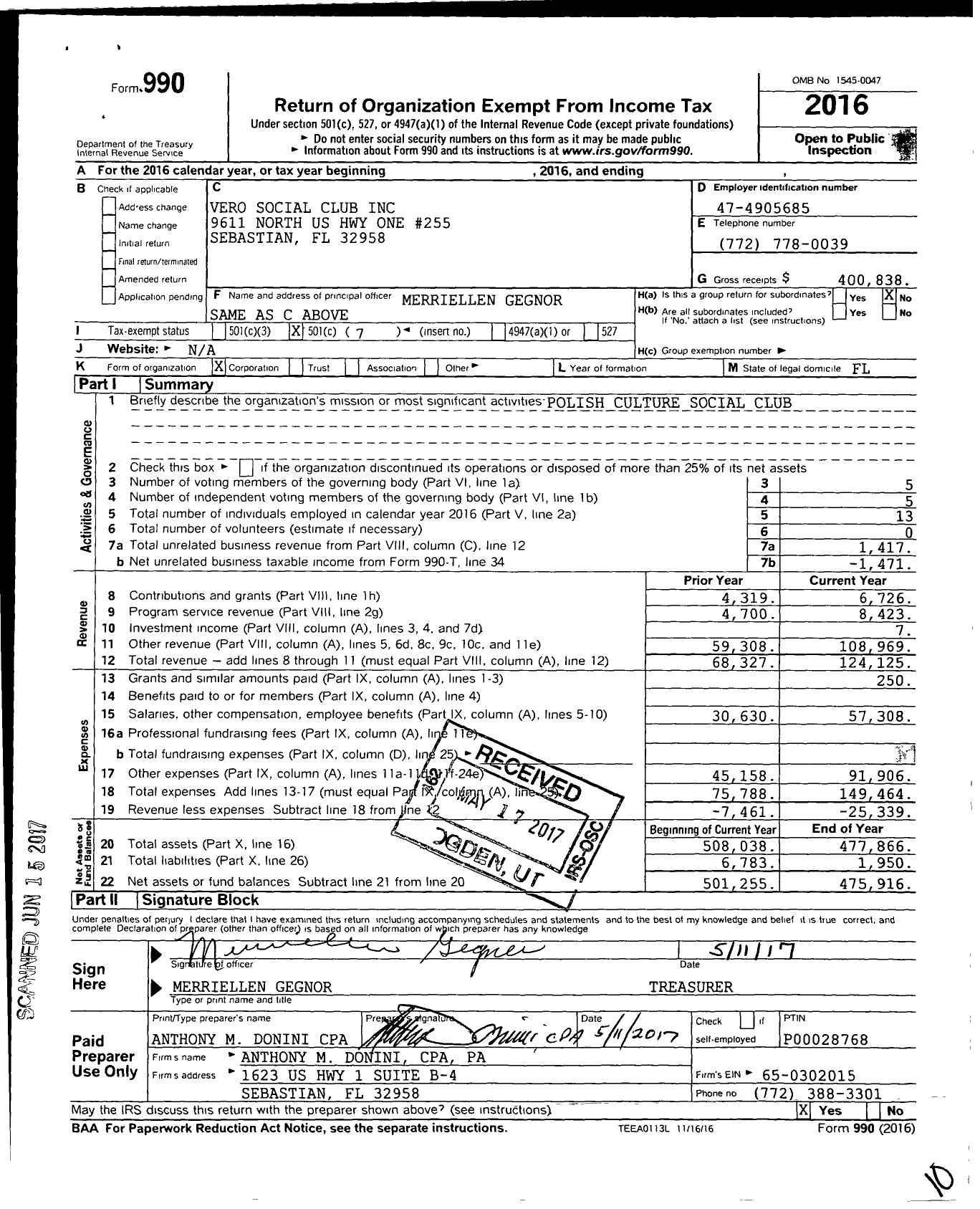 Image of first page of 2016 Form 990O for Vero Social Club