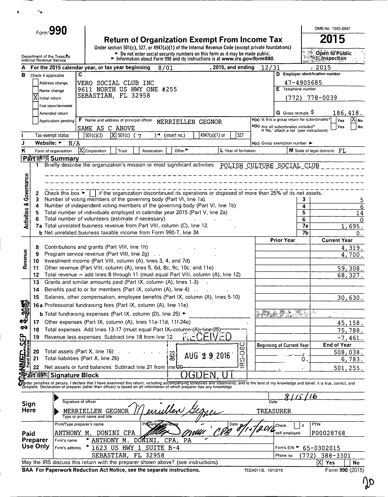 Image of first page of 2015 Form 990O for Vero Social Club