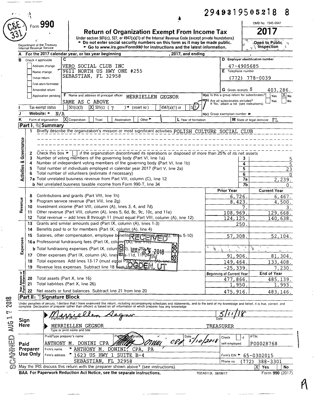 Image of first page of 2017 Form 990O for Vero Social Club