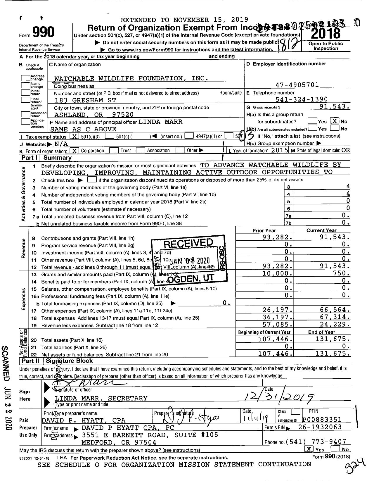 Image of first page of 2018 Form 990 for Watchable Wildlife Foundation