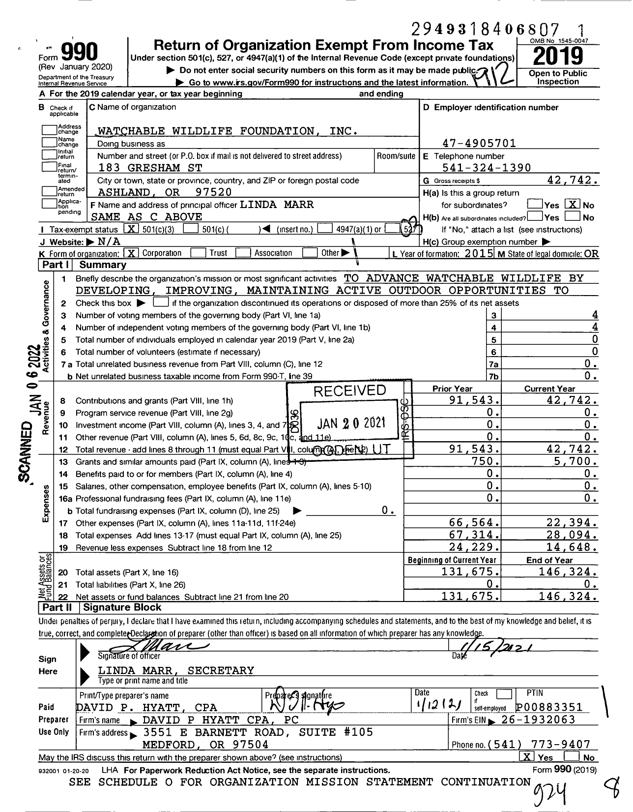 Image of first page of 2019 Form 990 for Watchable Wildlife Foundation