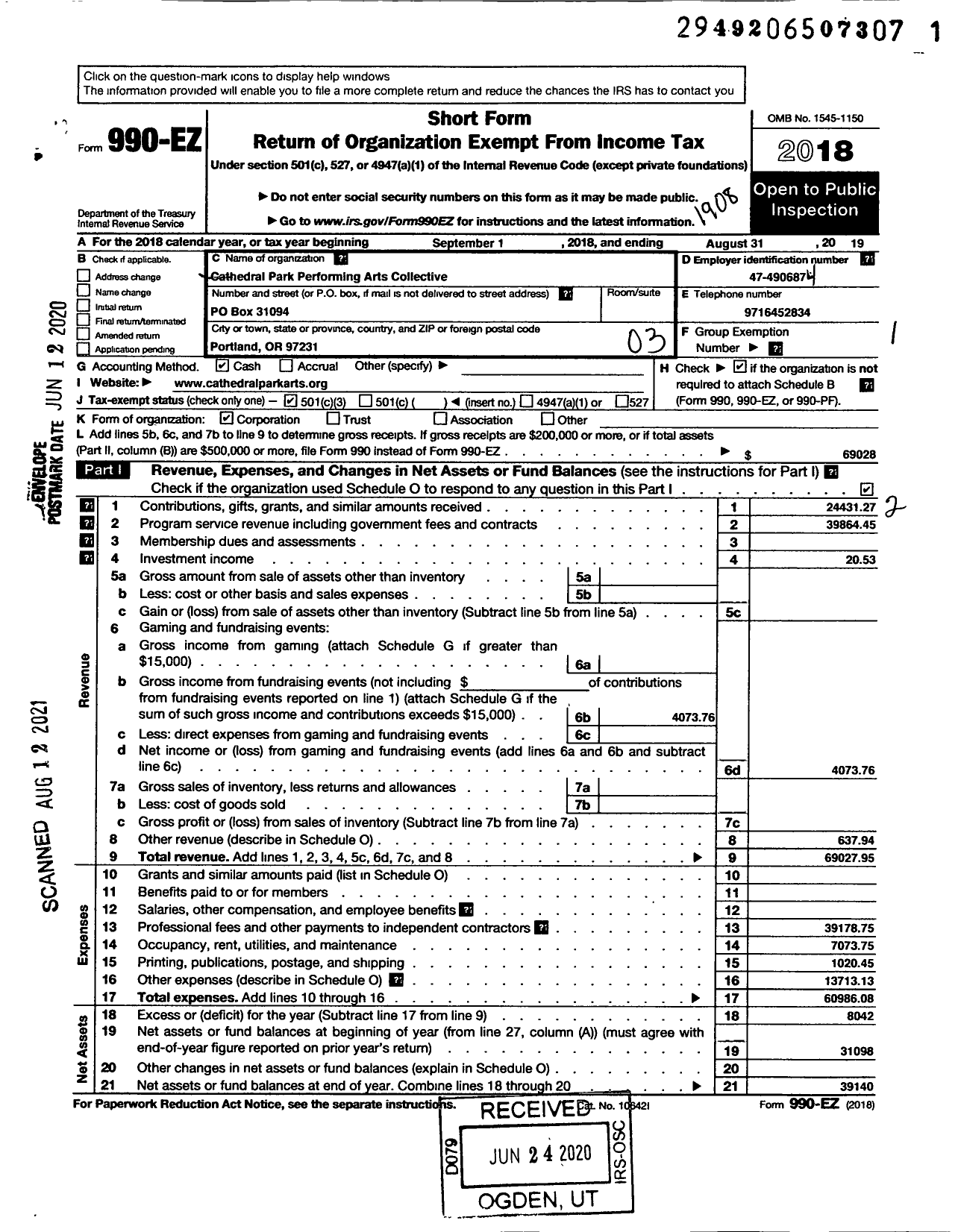 Image of first page of 2018 Form 990EZ for Cathedral Park Performing Arts Collective