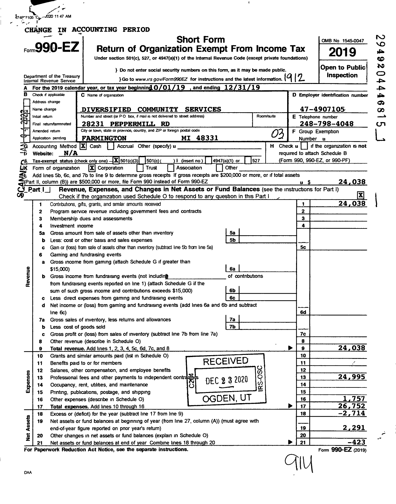 Image of first page of 2019 Form 990EZ for Diversified Community Services