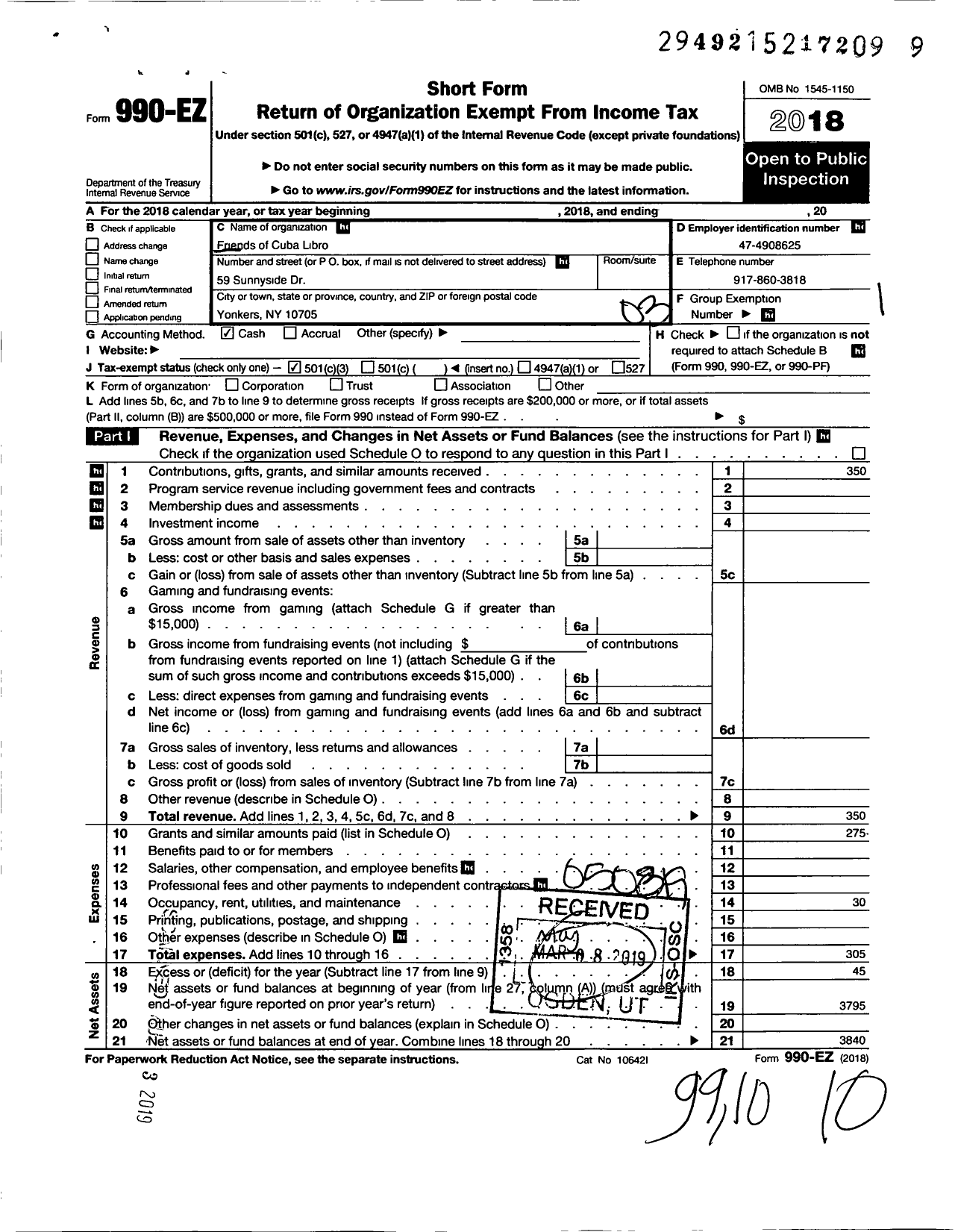 Image of first page of 2018 Form 990EZ for Friends of Cuba Libro