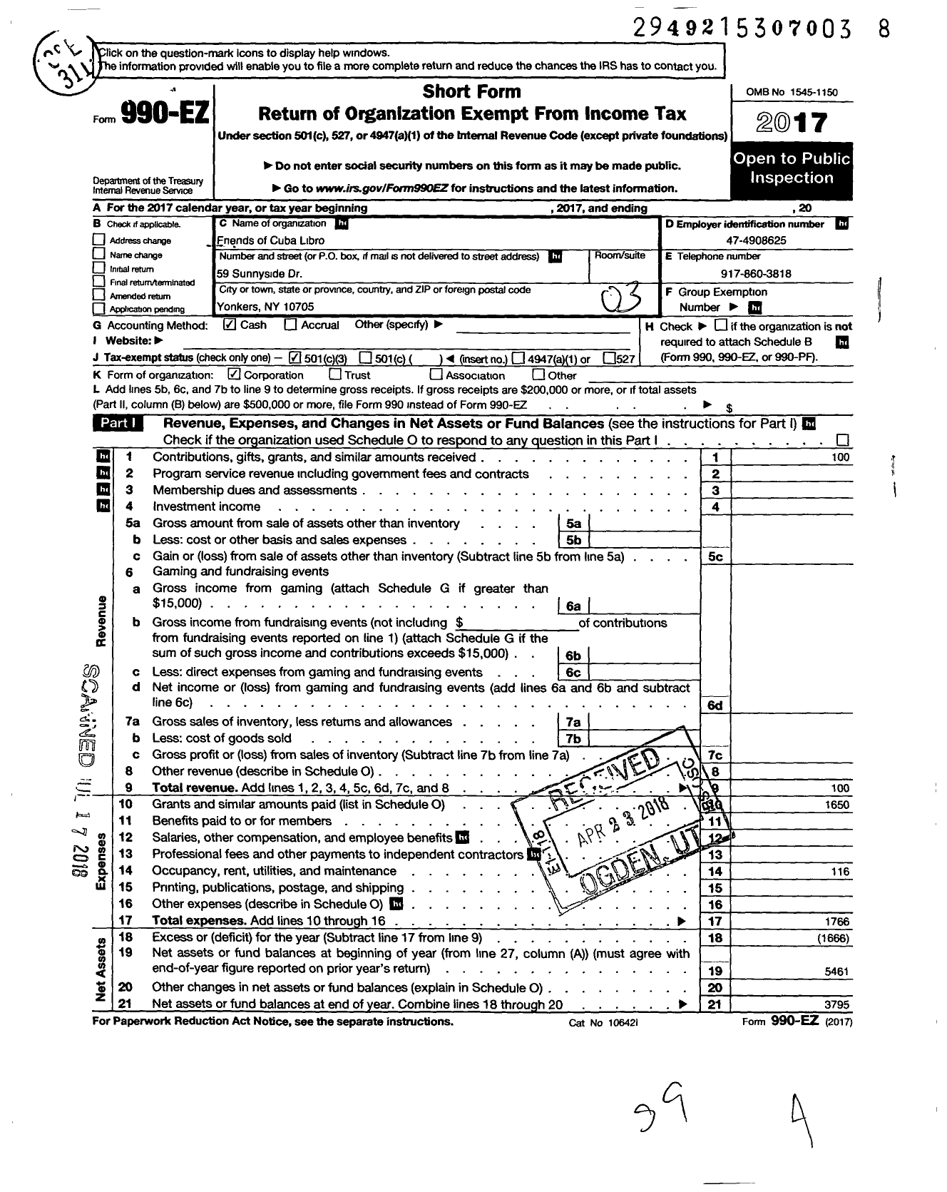 Image of first page of 2017 Form 990EZ for Friends of Cuba Libro