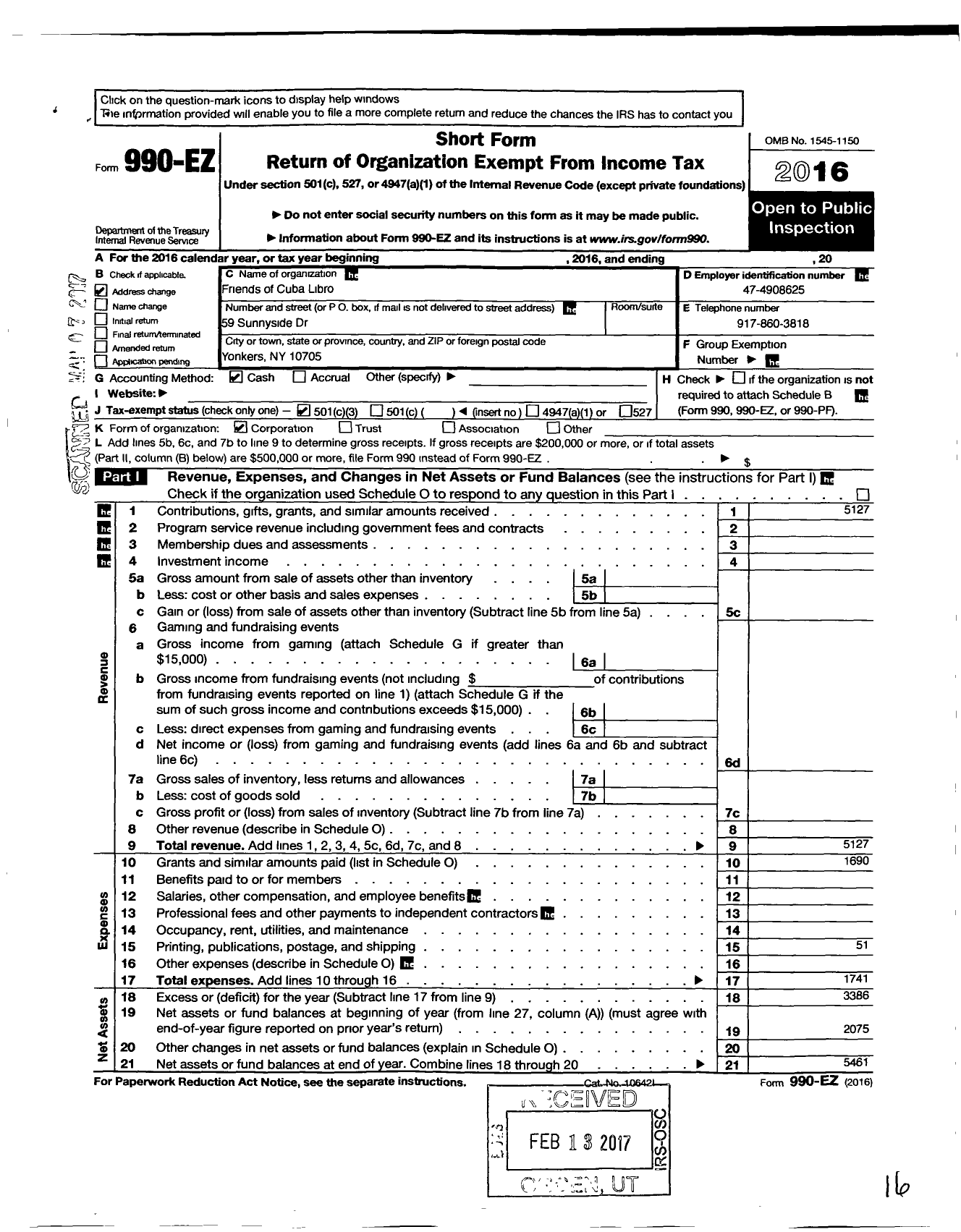 Image of first page of 2016 Form 990EZ for Friends of Cuba Libro