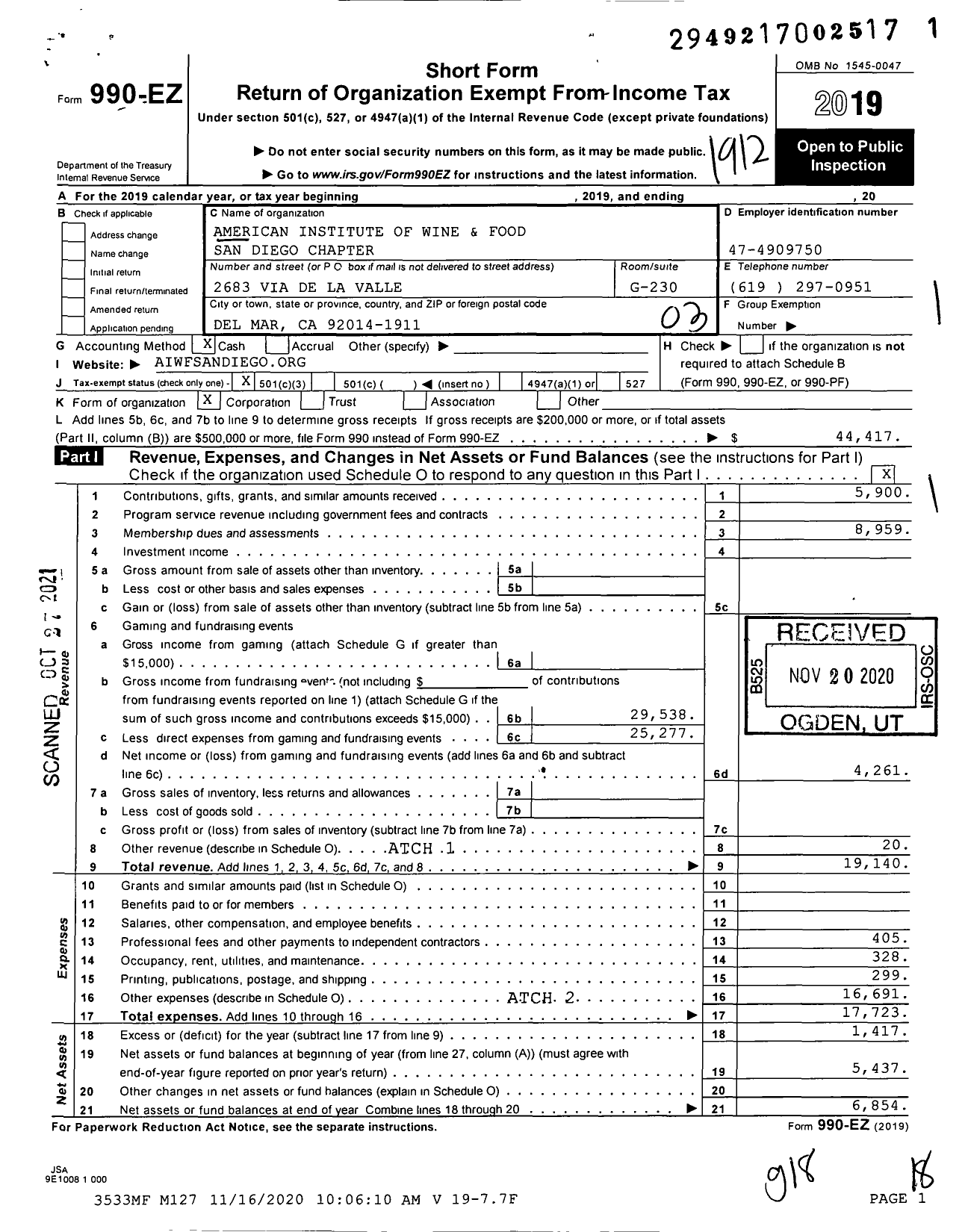 Image of first page of 2019 Form 990EZ for American Institute of Wine and Food-San Diego Chapter