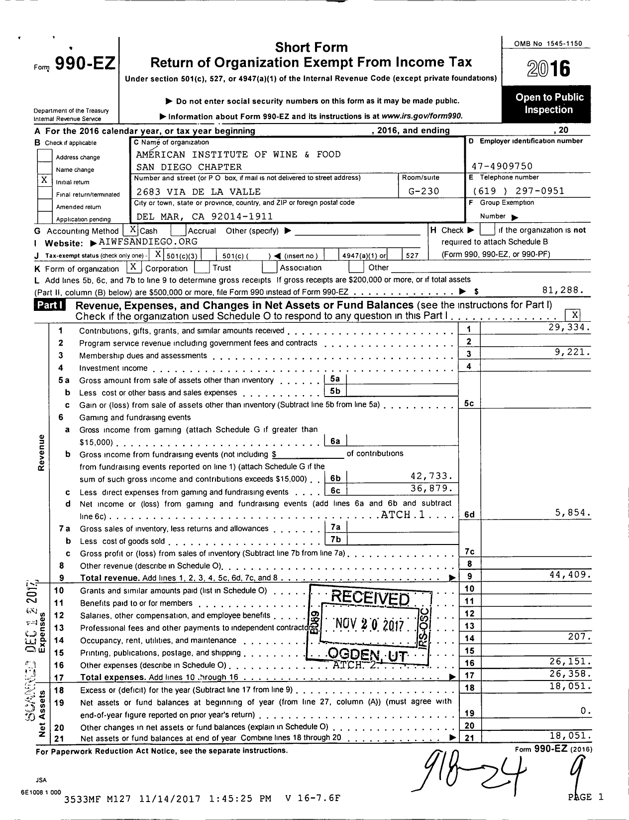 Image of first page of 2016 Form 990EZ for American Institute of Wine and Food-San Diego Chapter