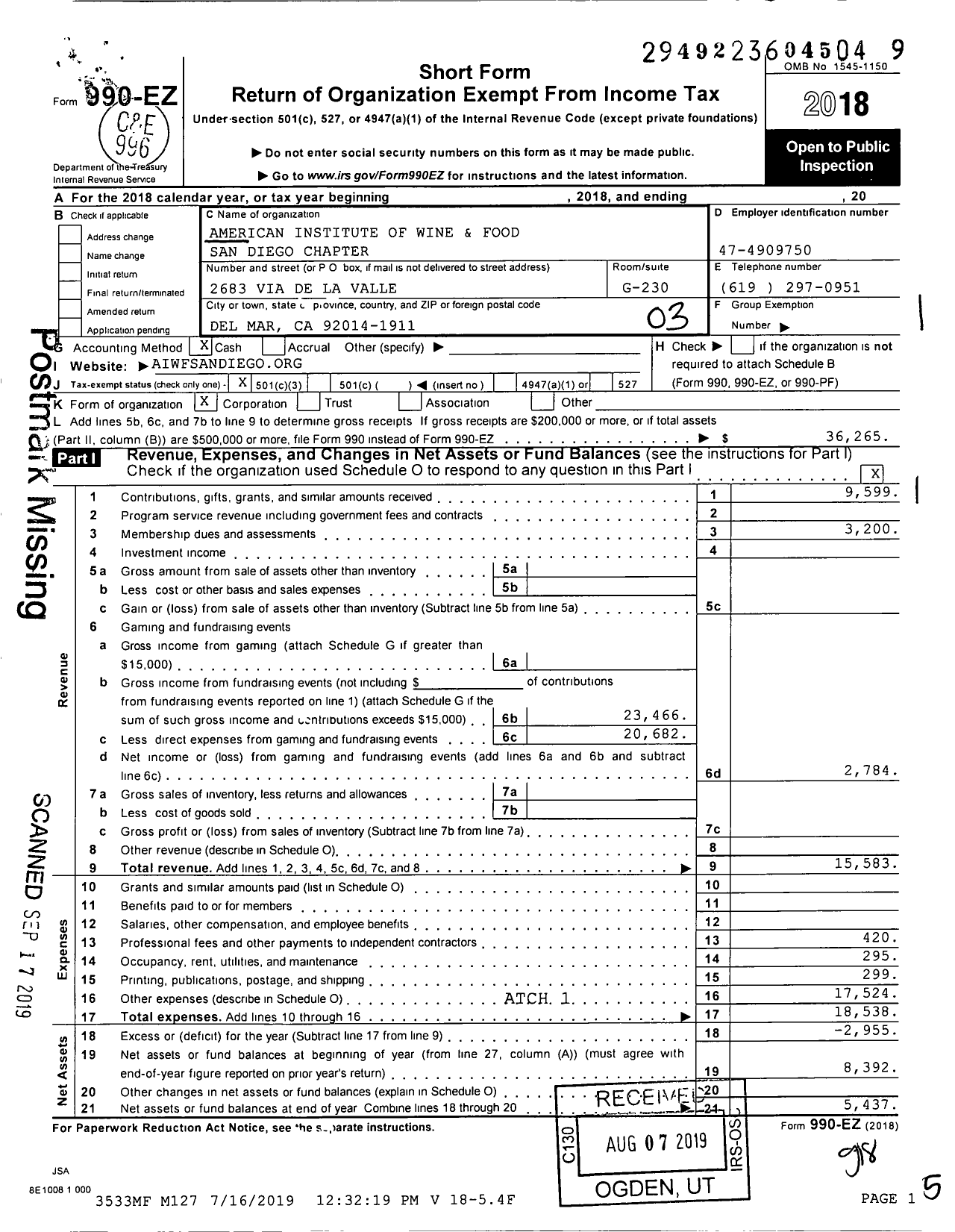 Image of first page of 2018 Form 990EZ for American Institute of Wine and Food-San Diego Chapter