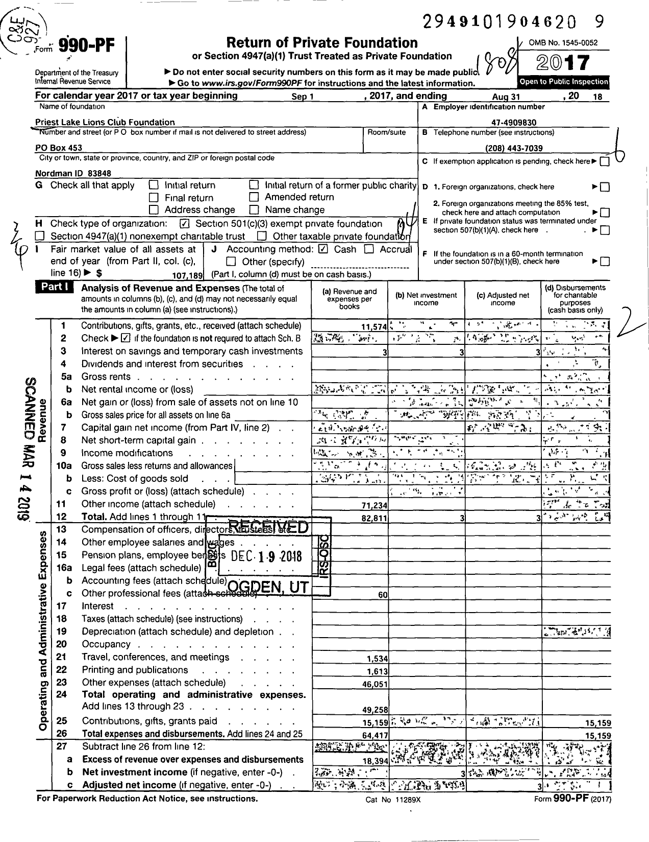 Image of first page of 2017 Form 990PF for Priest Lake Lions Club Foundation