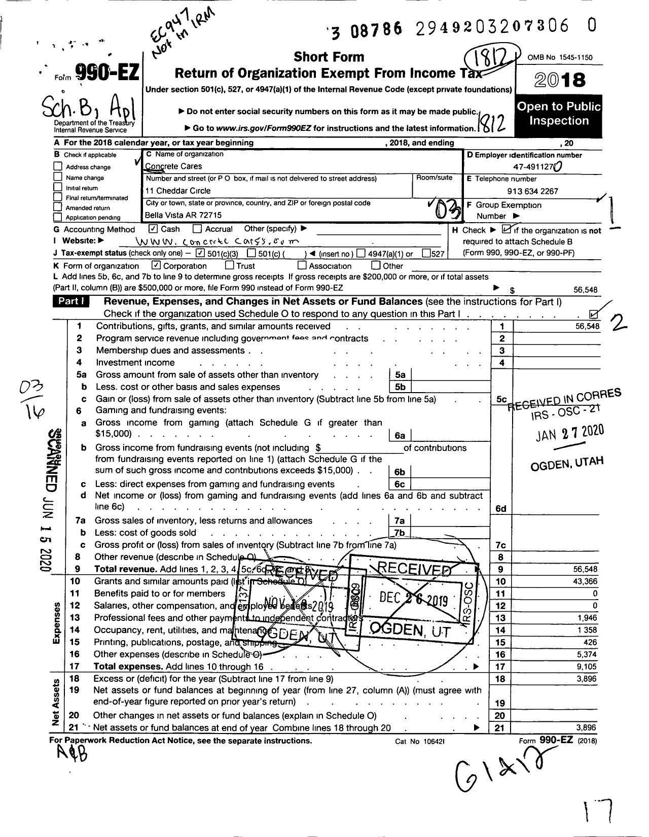 Image of first page of 2018 Form 990EZ for Concrete Cares