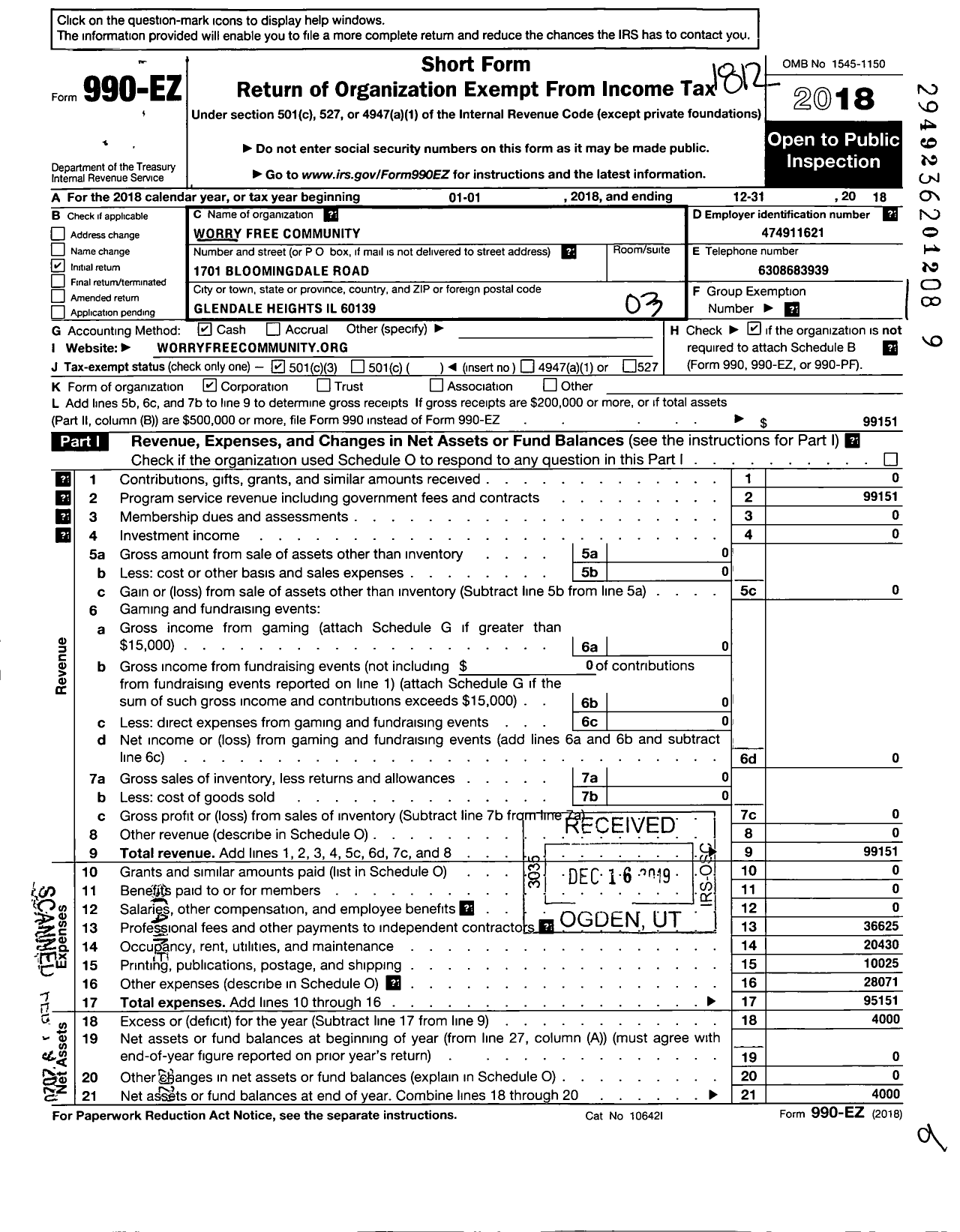 Image of first page of 2018 Form 990EZ for Worry Free Community