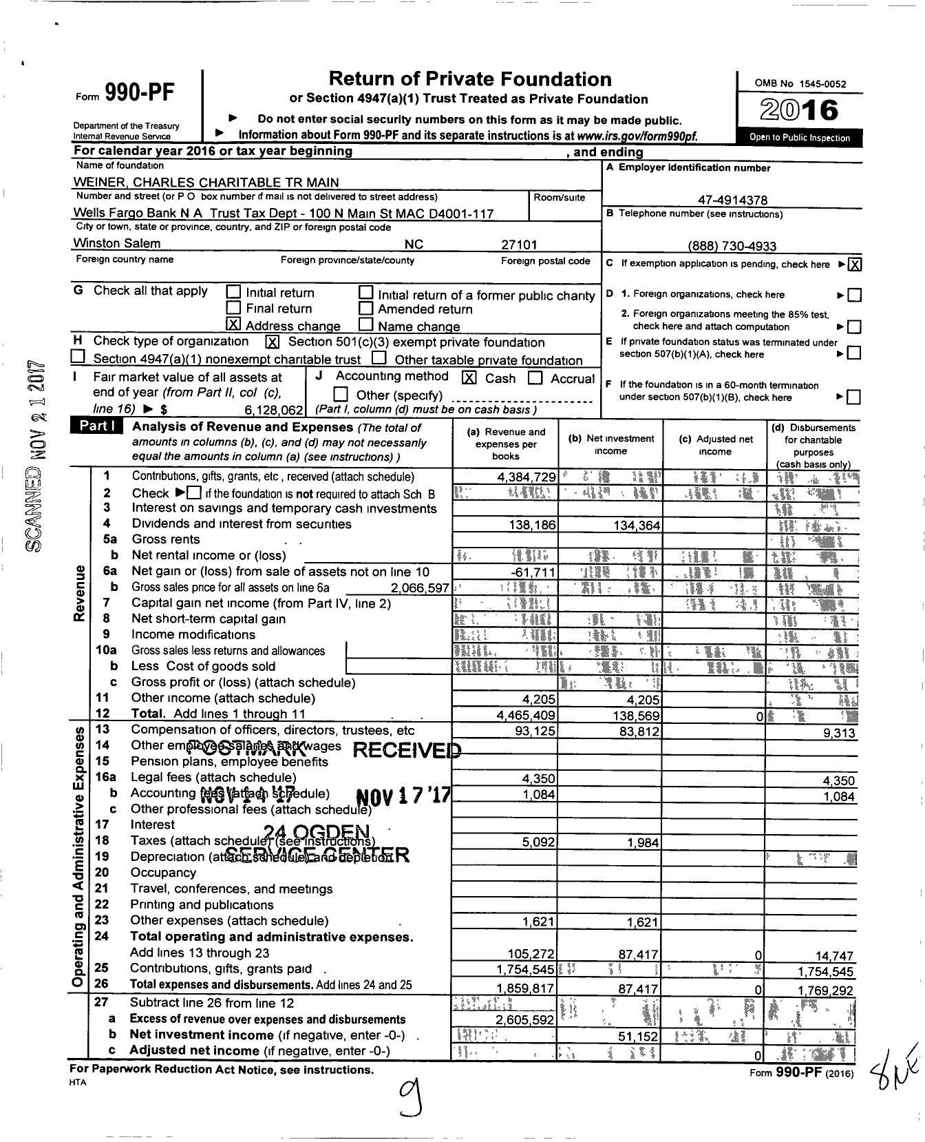 Image of first page of 2016 Form 990PF for Weiner Charles Charitable TR Main