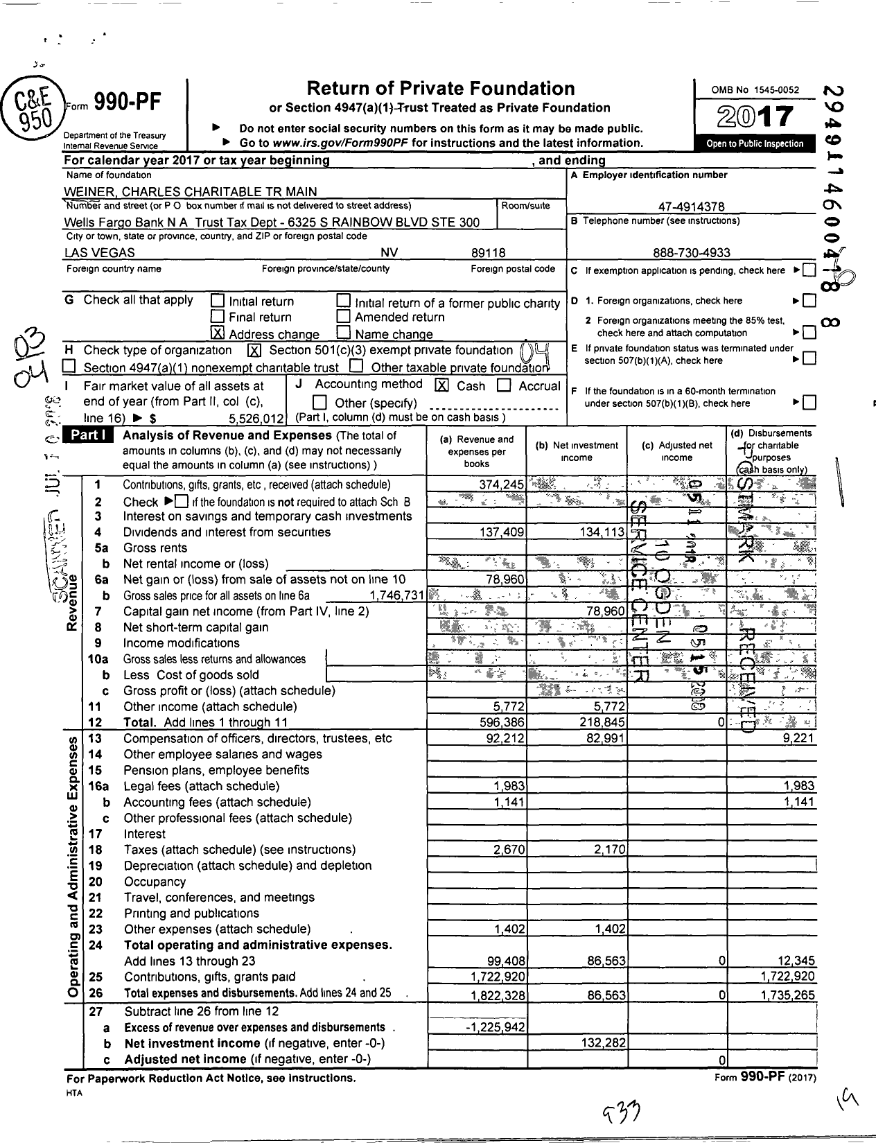 Image of first page of 2017 Form 990PF for Weiner Charles Charitable TR Main