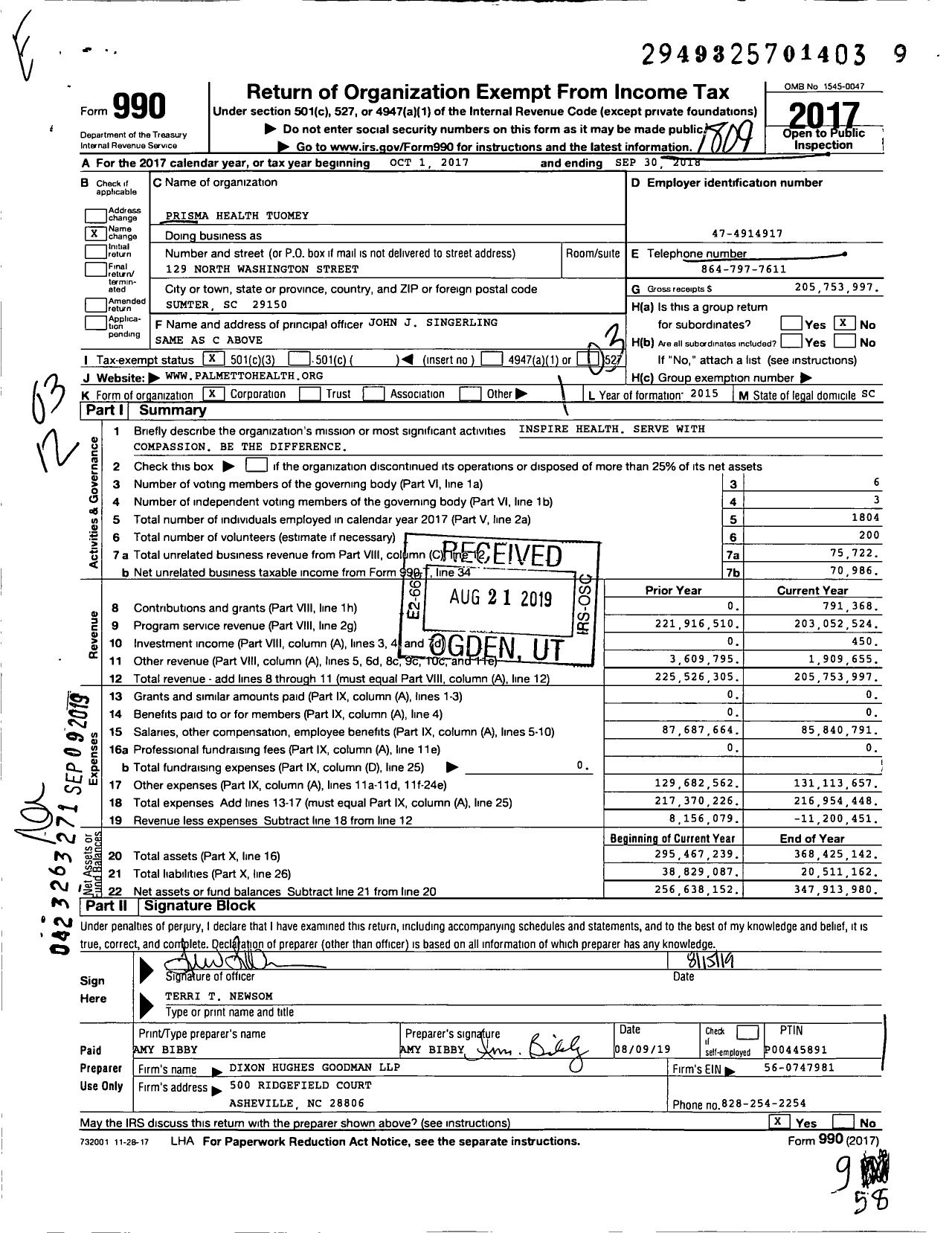 Image of first page of 2017 Form 990 for Prisma Health Tuomey