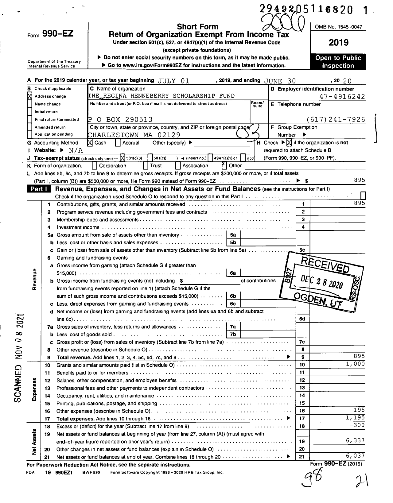 Image of first page of 2019 Form 990EZ for Regina Henneberry Scholarship Fund