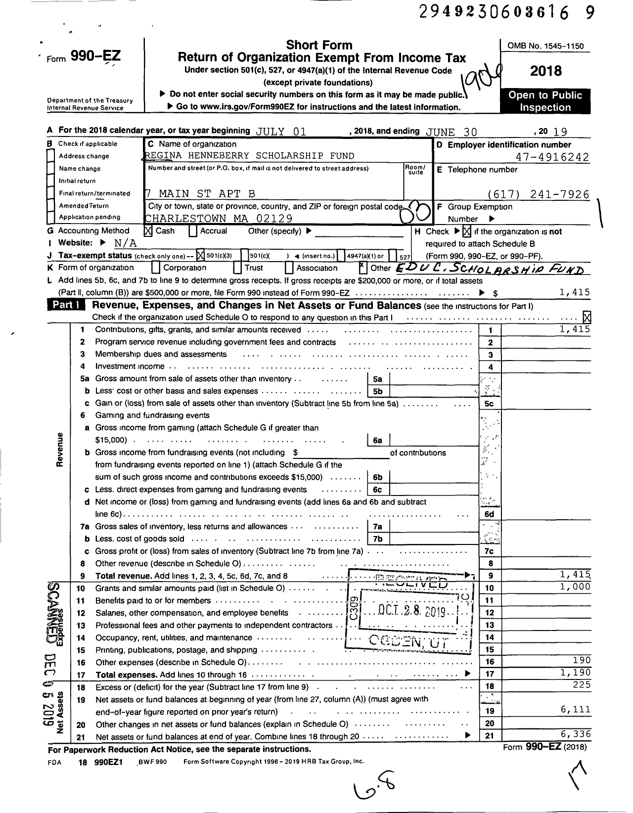 Image of first page of 2018 Form 990EZ for Regina Henneberry Scholarship Fund