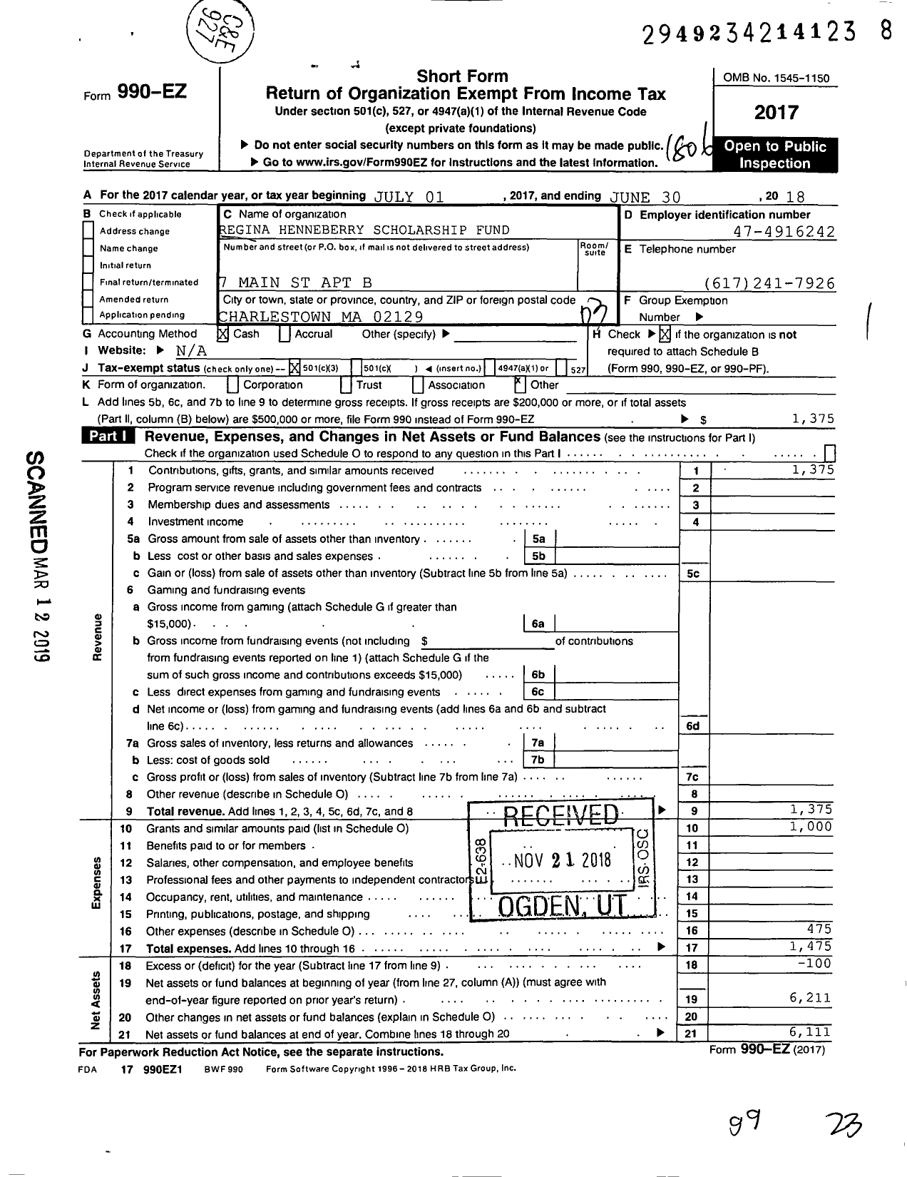 Image of first page of 2017 Form 990EZ for Regina Henneberry Scholarship Fund