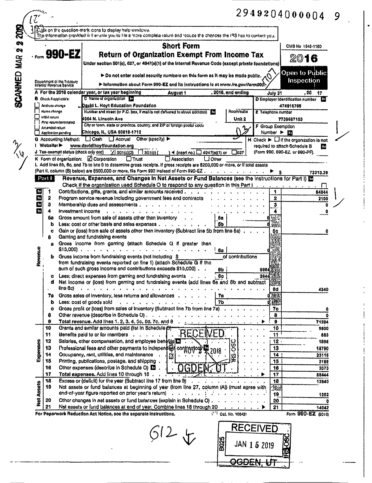 Image of first page of 2016 Form 990EZ for David L Hoyt Education Foundation