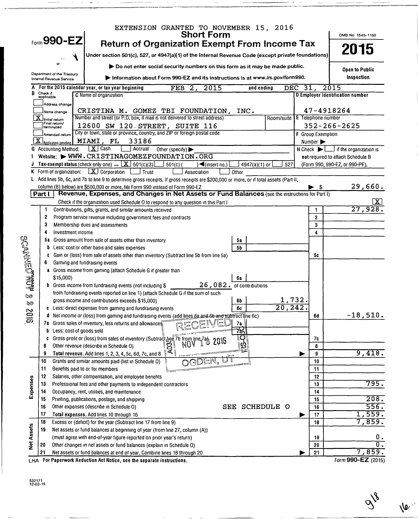 Image of first page of 2015 Form 990EZ for Cristina M Gomez Tbi Foundation