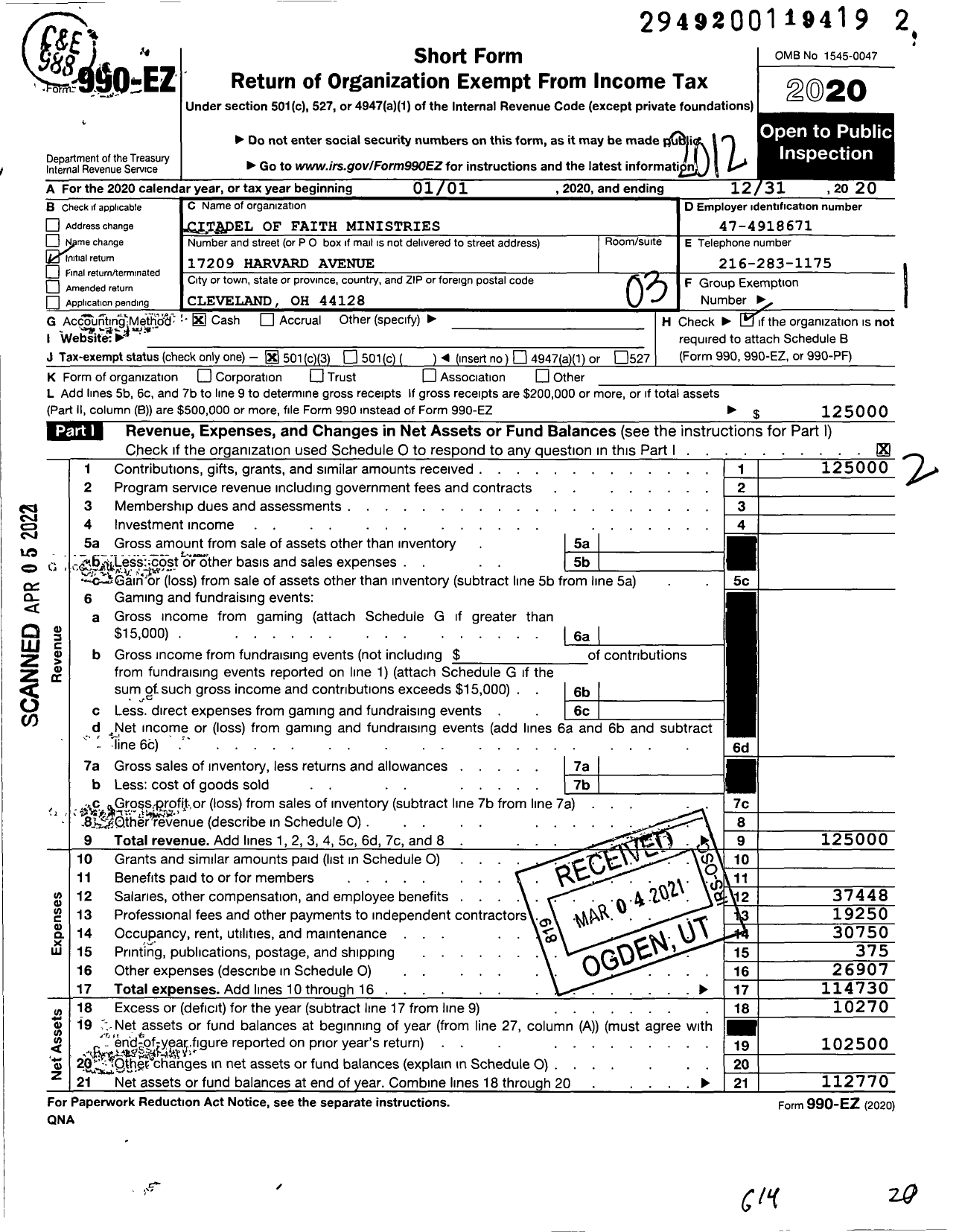 Image of first page of 2020 Form 990EZ for Citadel of Faith Ministries