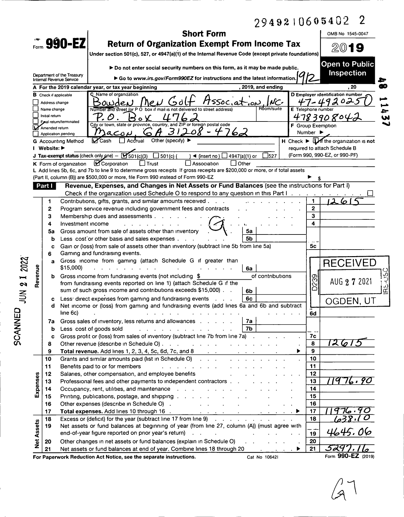 Image of first page of 2019 Form 990EZ for Bowden Men Golf Association