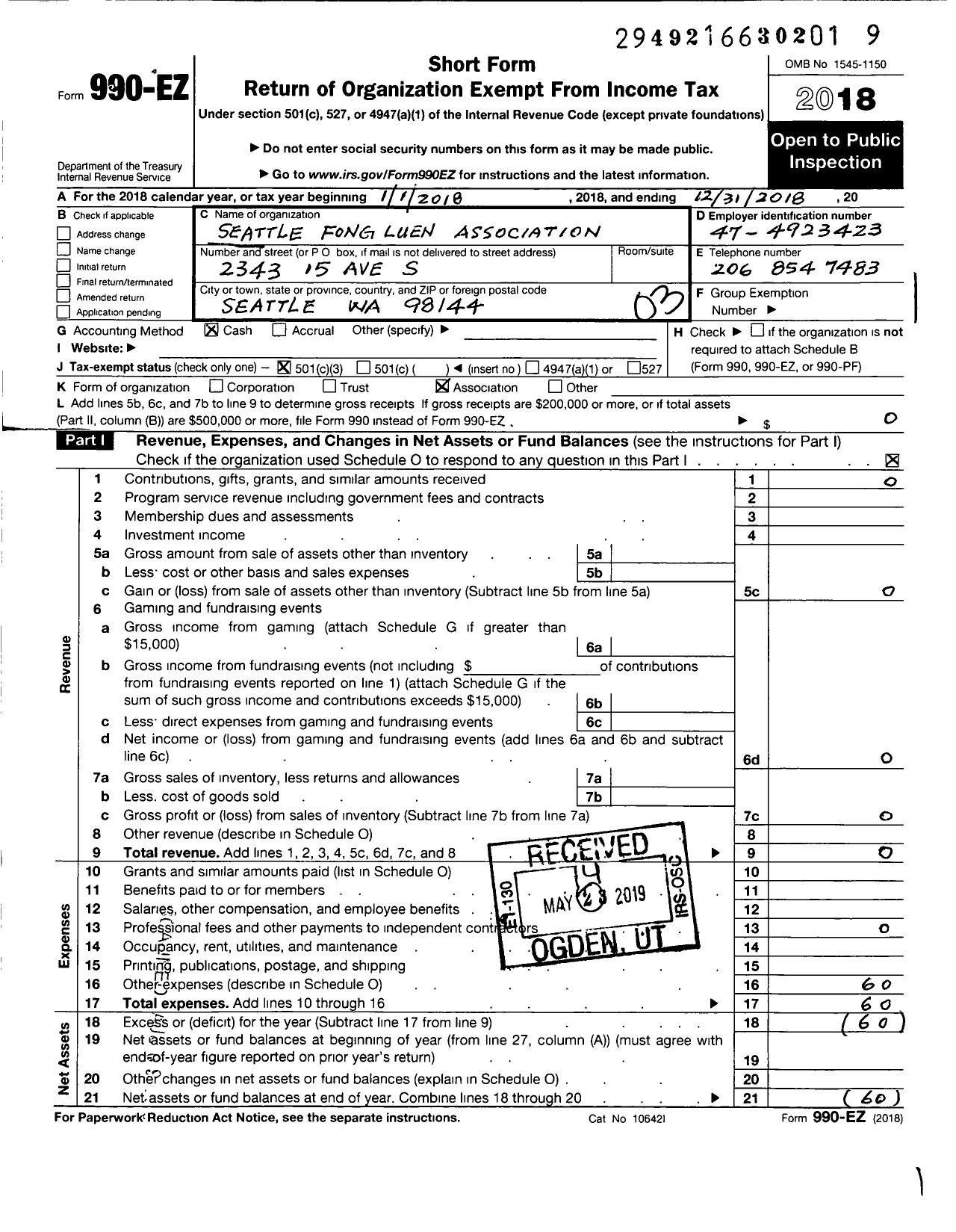 Image of first page of 2018 Form 990EZ for Seattle Fong Luen Association