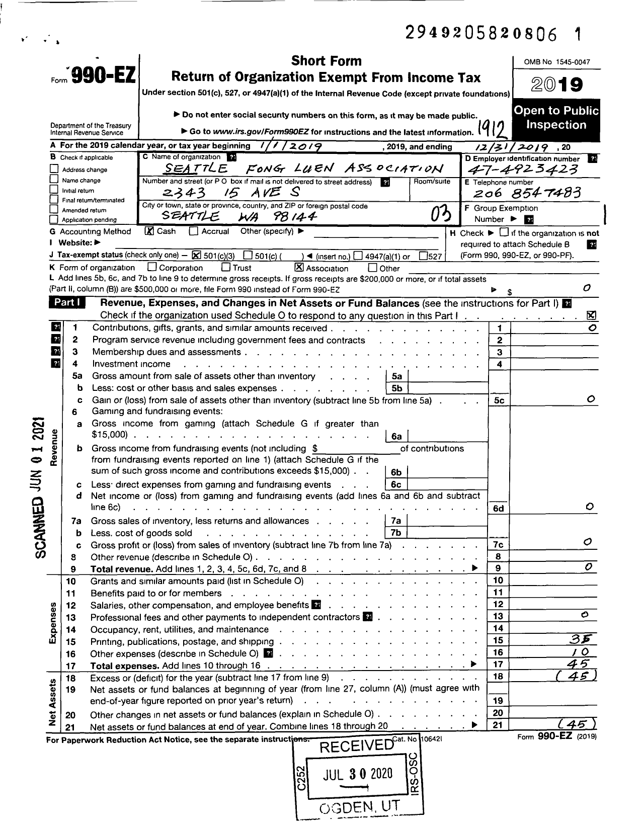 Image of first page of 2019 Form 990EZ for Seattle Fong Luen Association