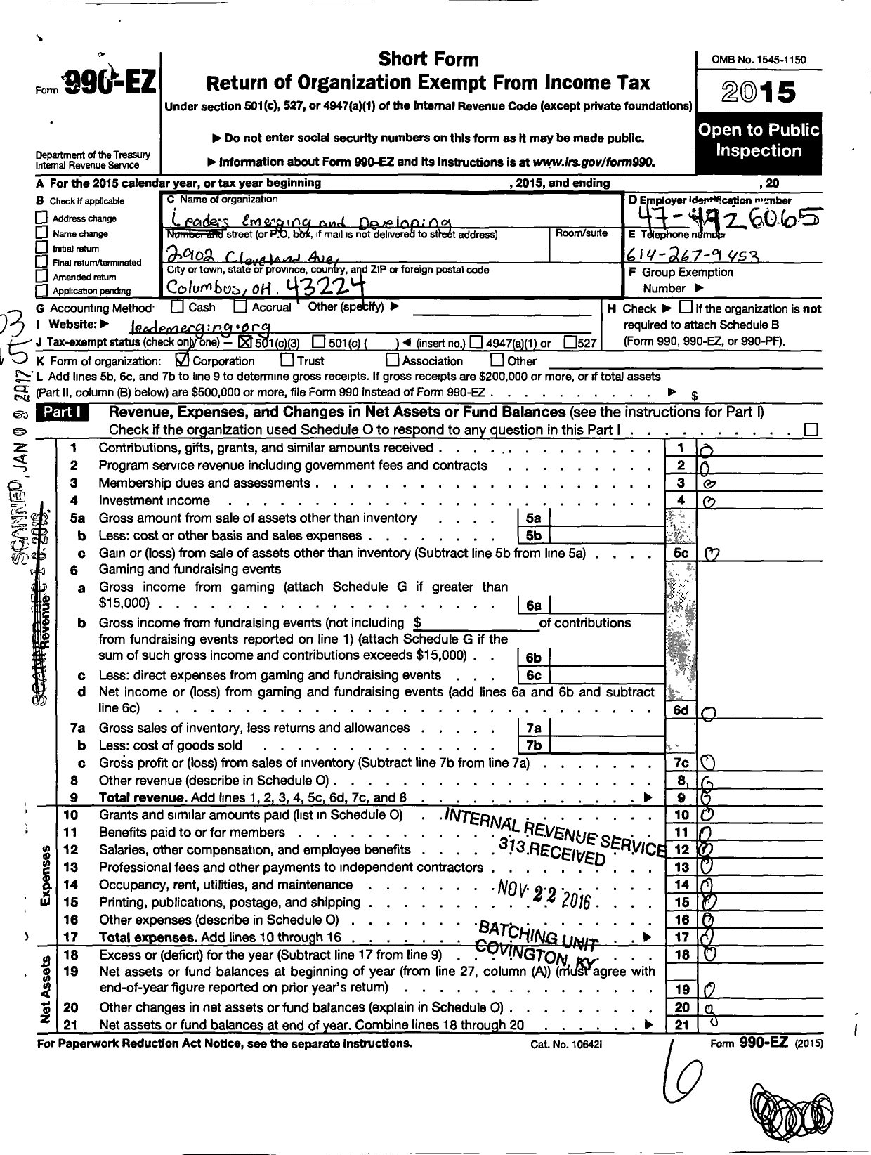 Image of first page of 2015 Form 990EZ for Leaders Emerging and Developing Corporation