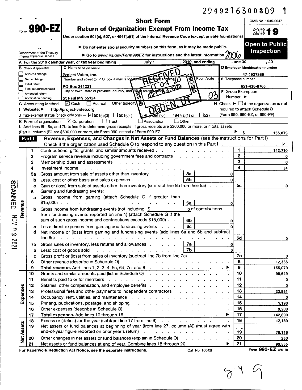 Image of first page of 2019 Form 990EZ for Project Video