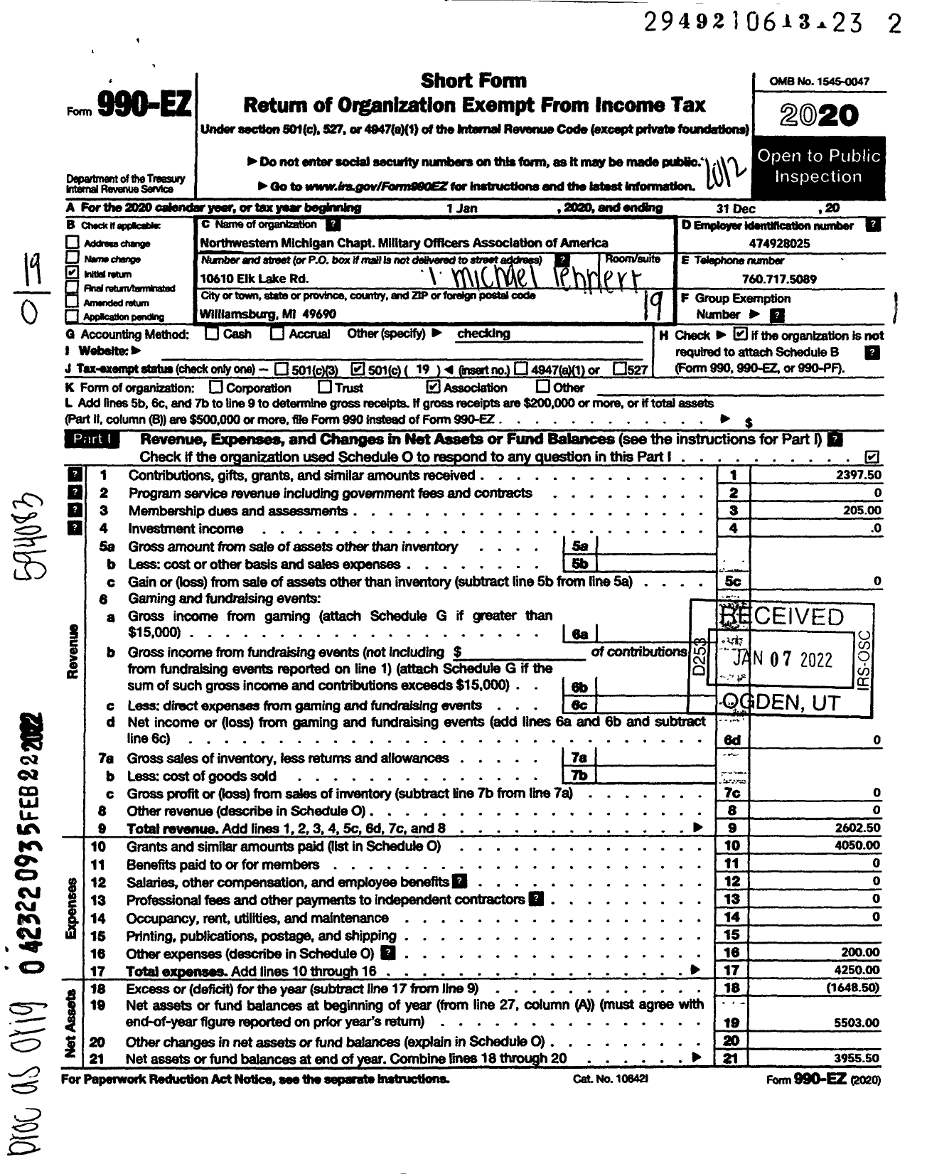 Image of first page of 2020 Form 990EO for Northwestern Michigan Chapter Moaa