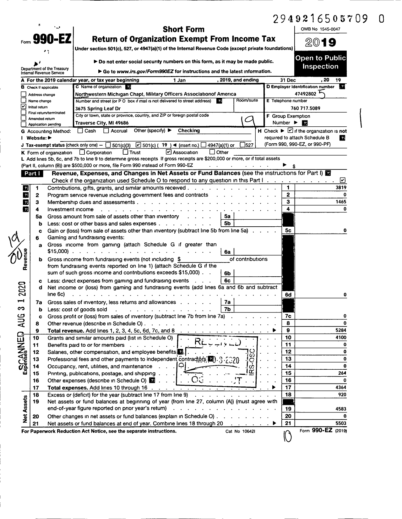 Image of first page of 2019 Form 990EO for Northwestern Michigan Chapter Moaa