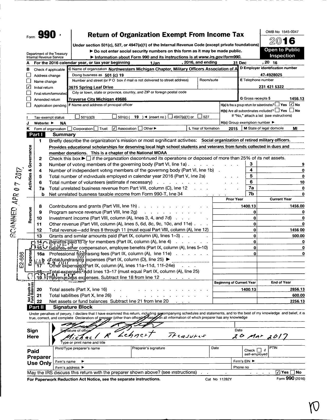 Image of first page of 2016 Form 990O for Northwestern Michigan Chapter Moaa