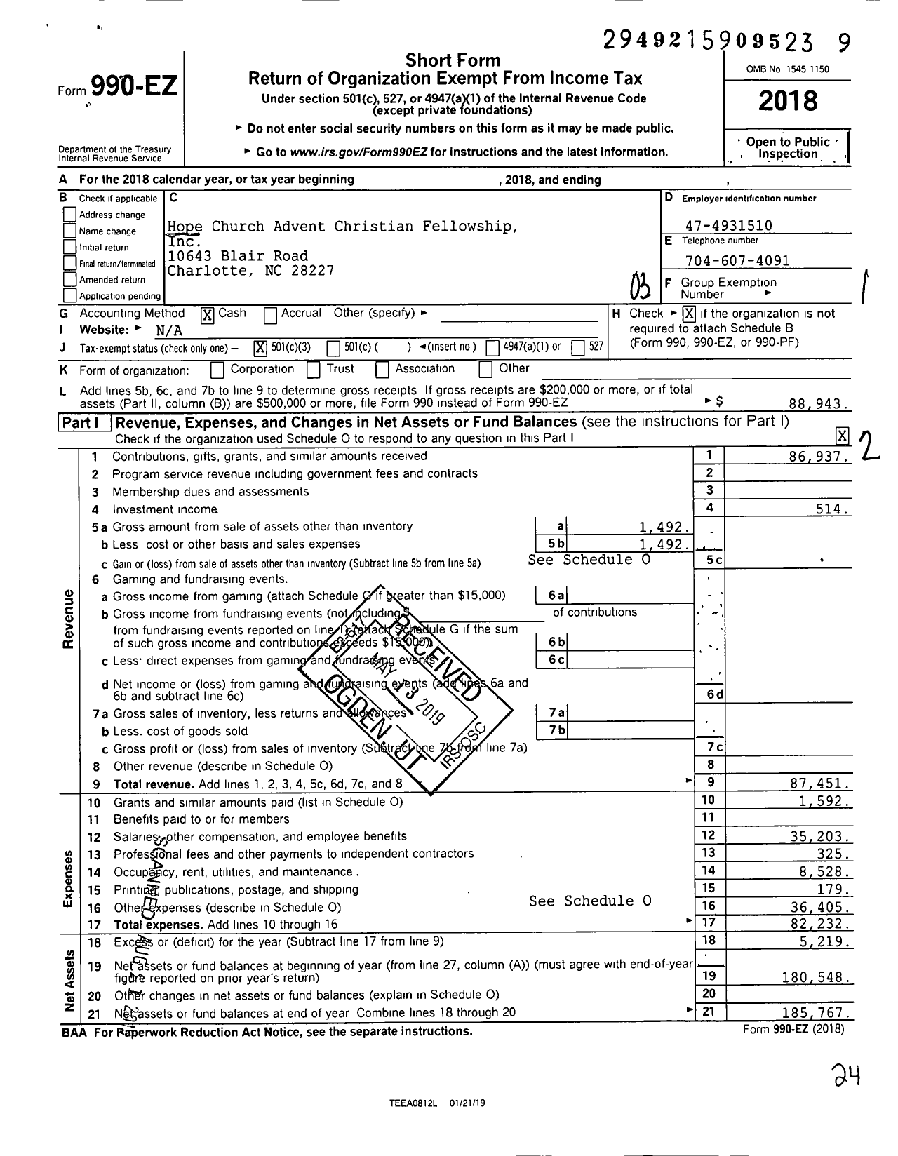 Image of first page of 2018 Form 990EZ for Hope Church Advent Christian Fellowship / Hope Community Fellowship