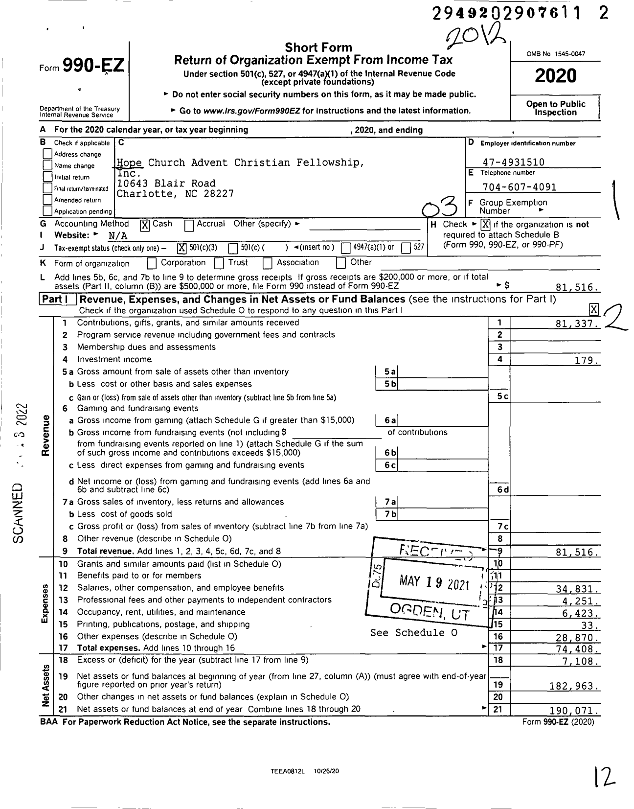 Image of first page of 2020 Form 990EZ for Hope Church Advent Christian Fellowship / Hope Community Fellowship