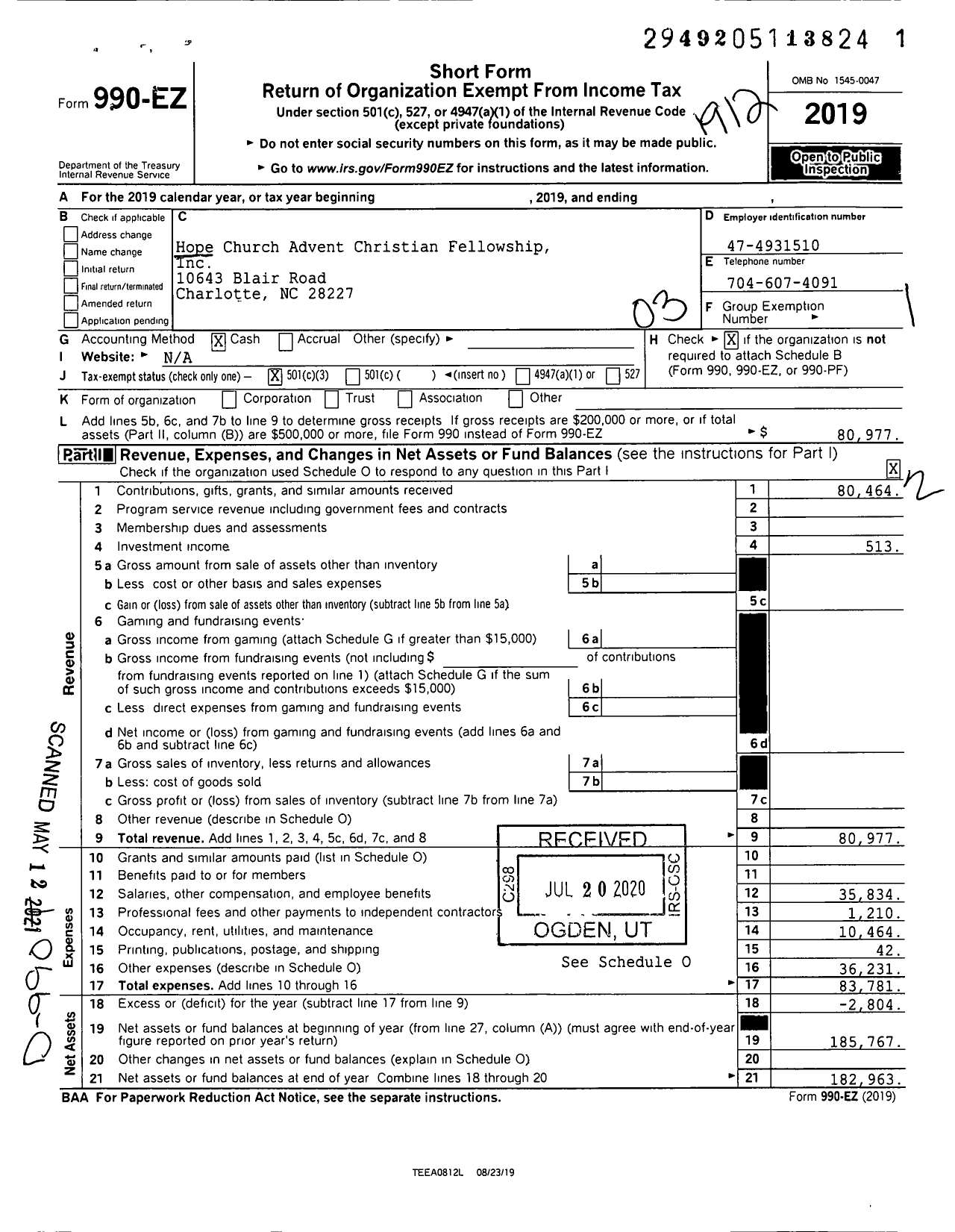 Image of first page of 2019 Form 990EZ for Hope Church Advent Christian Fellowship / Hope Community Fellowship