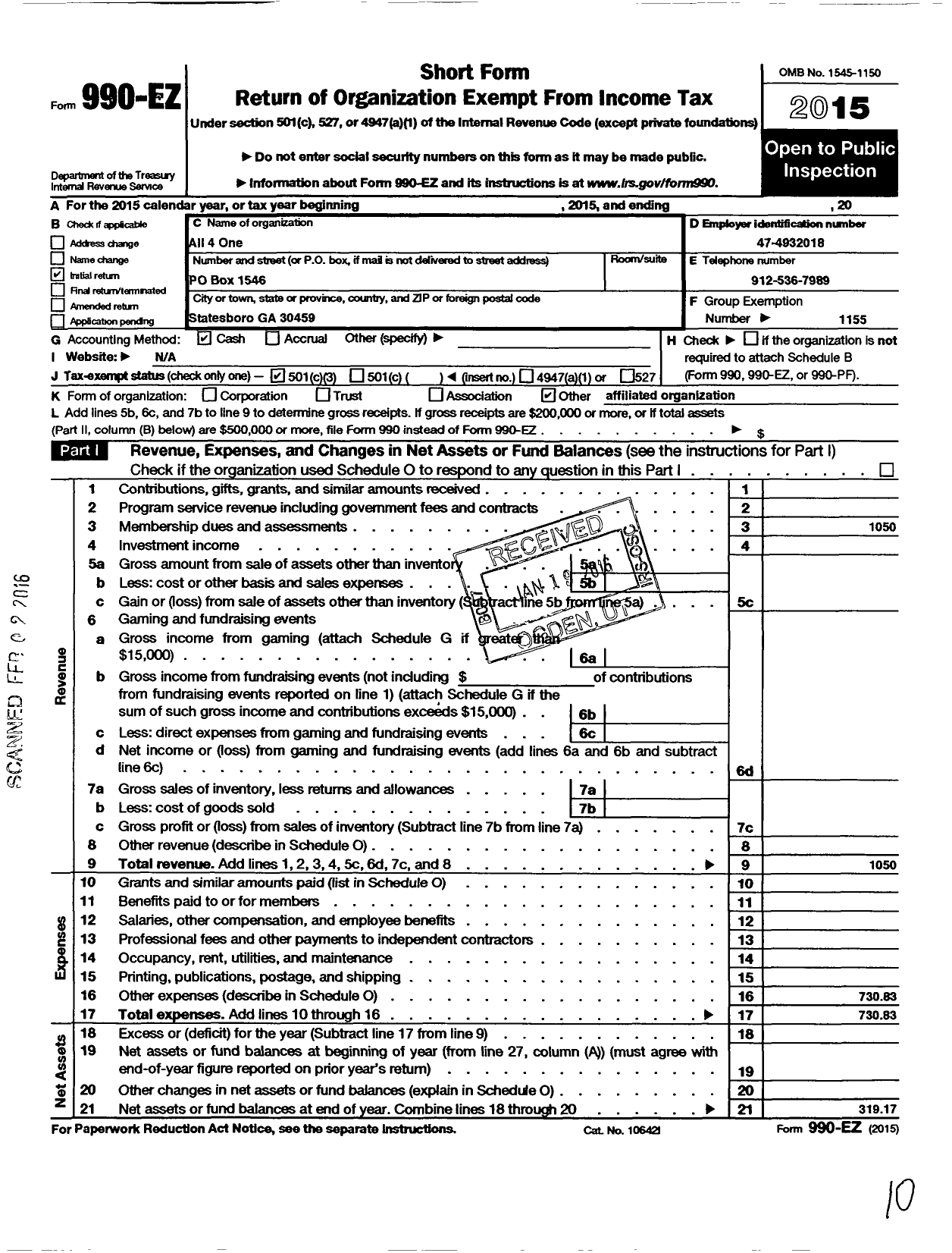 Image of first page of 2015 Form 990EZ for Amateur Athletic Union of the United States